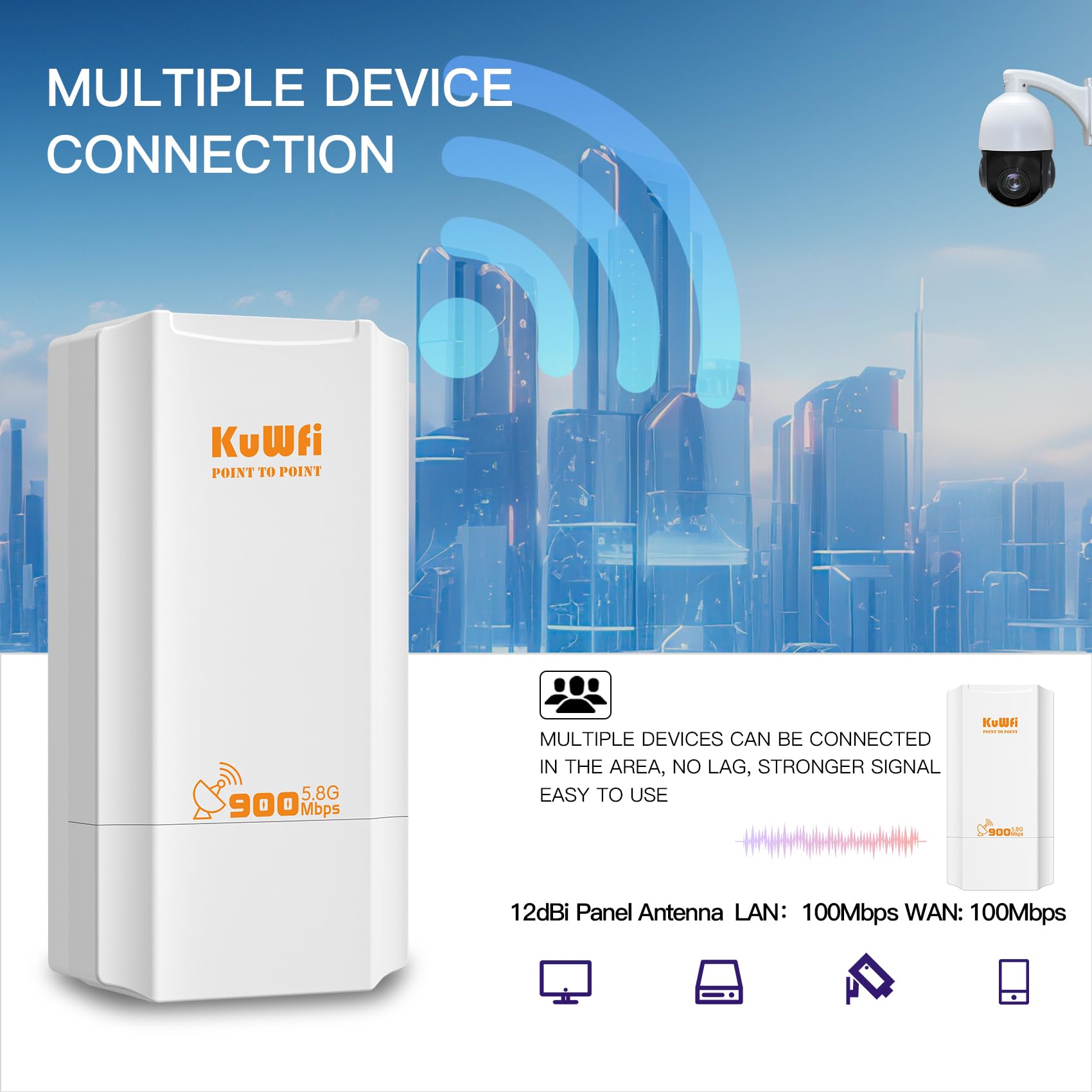 KuWFi 5.8G Wireless Network Ethernet Bridge, Long Range Transmission WiFi Access Point Outdoor AP CPE Kit IP65 Waterproof Point to Point WiFi Bridge for Extend starlink Router Signal ?2-Packs