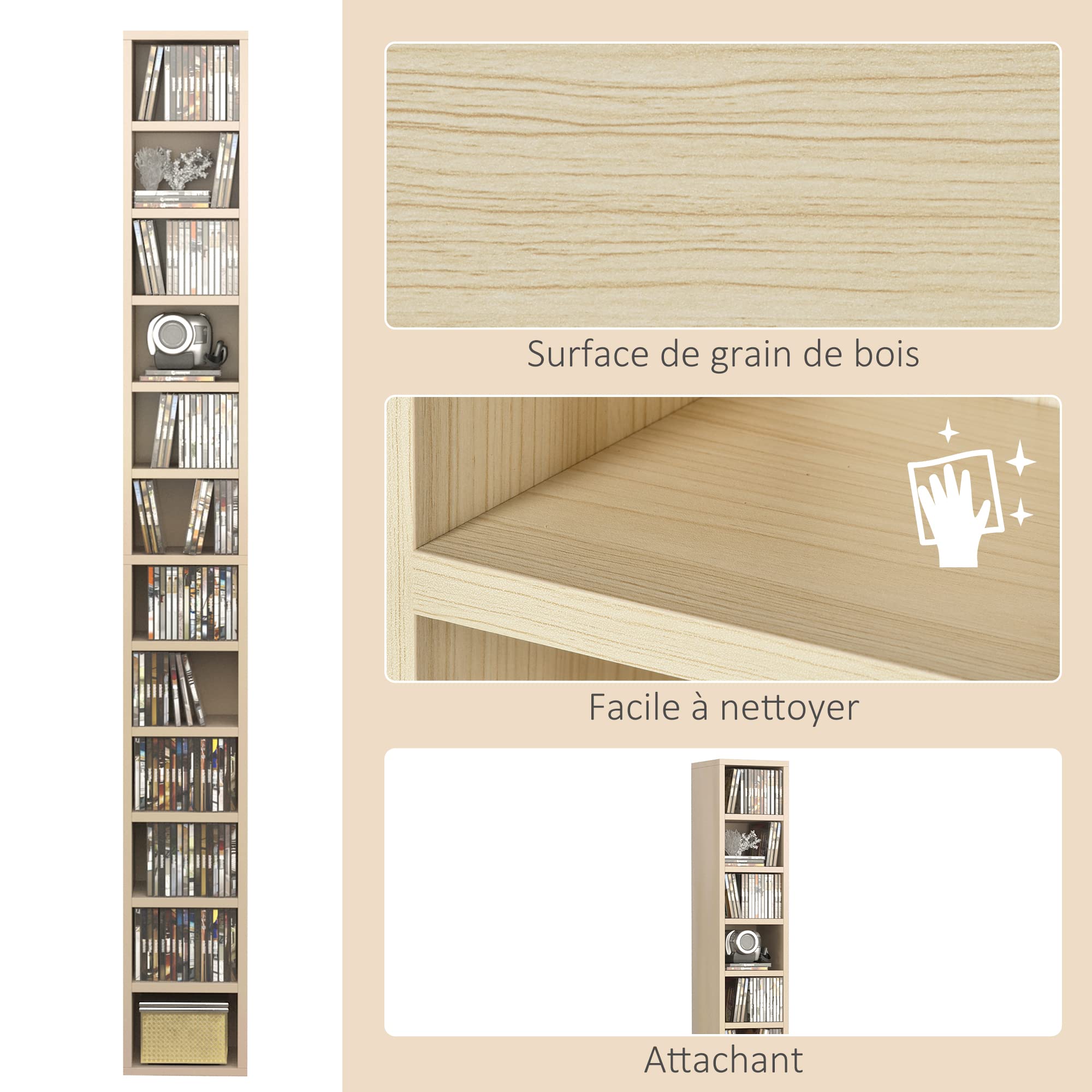 HOMCOM Rangements pour CD et DVD, étagère Colonne de Rangement, Meuble de Rangement avec 12 Compartiments, capacité Max. 204 CD, 21 x 20 x 175 cm, Bois Naturel