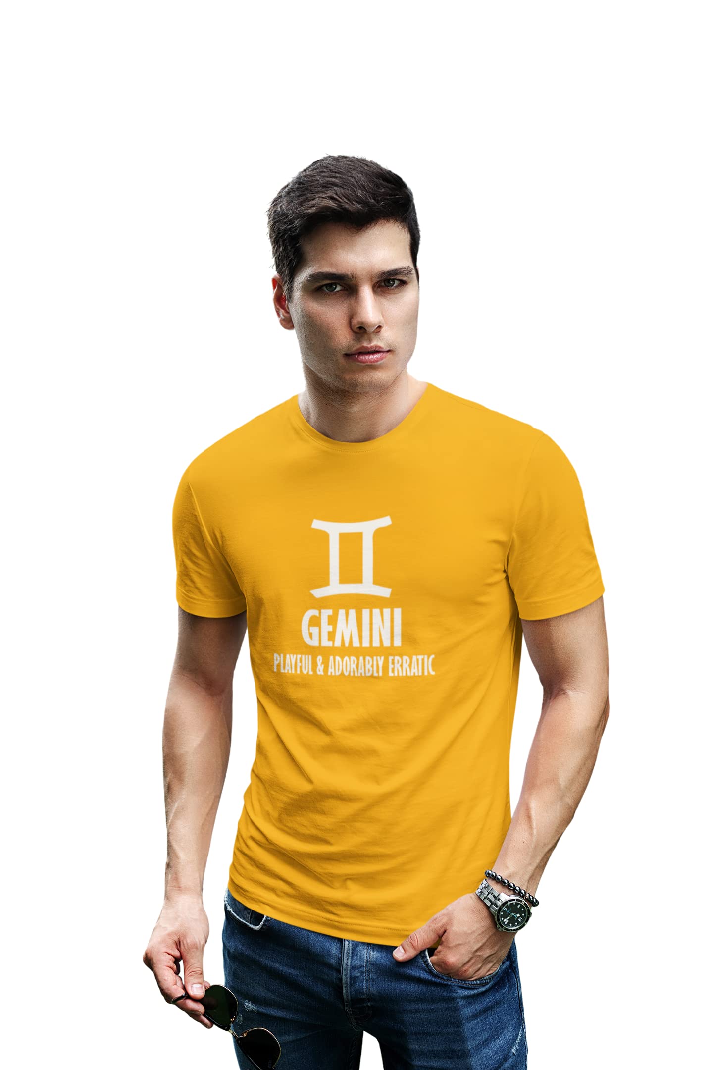 Jugaadu StyleGemini, Playful and Adorably Erratic (Yellow T) - Printed Zodiac Sign Tshirts - Made Especially for Astrology Lovers People