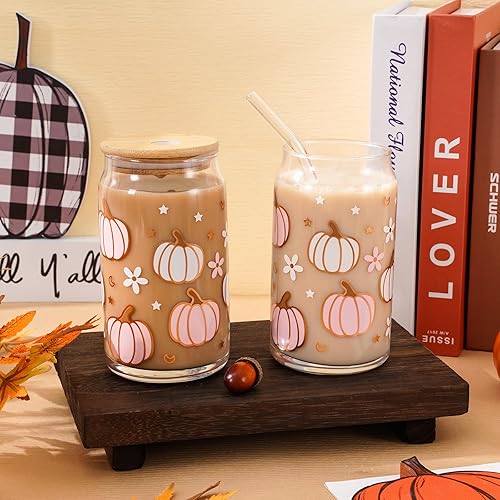 Miniatura 6 de Whaline Paquete de 2 vasos de otoño de 16 onzas con diseño de calabaza, flor y estrella, taza de café helado de calabaza rosa y blanca con tapa,