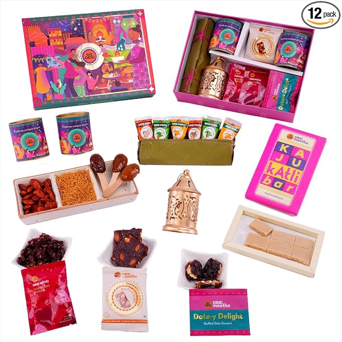GO DESi Premium Diwali Gift Hamper Box | The Ultimate Assorted Gift Hamper | Desi Popz | Dry fruit Barfis | Meetha Paan | Kaju Katli Bar | Choco Meetha Paan | Baked Bhujiya | Chilli Almonds at Rs. 799