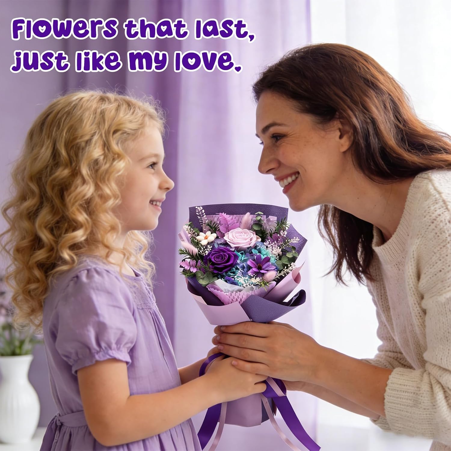 Preserved Flowers Bouquet, Long Lasting Floral Arrangement with Gift Box, Ideal for Mom, Wife, Women & Friends (Deep Purple)