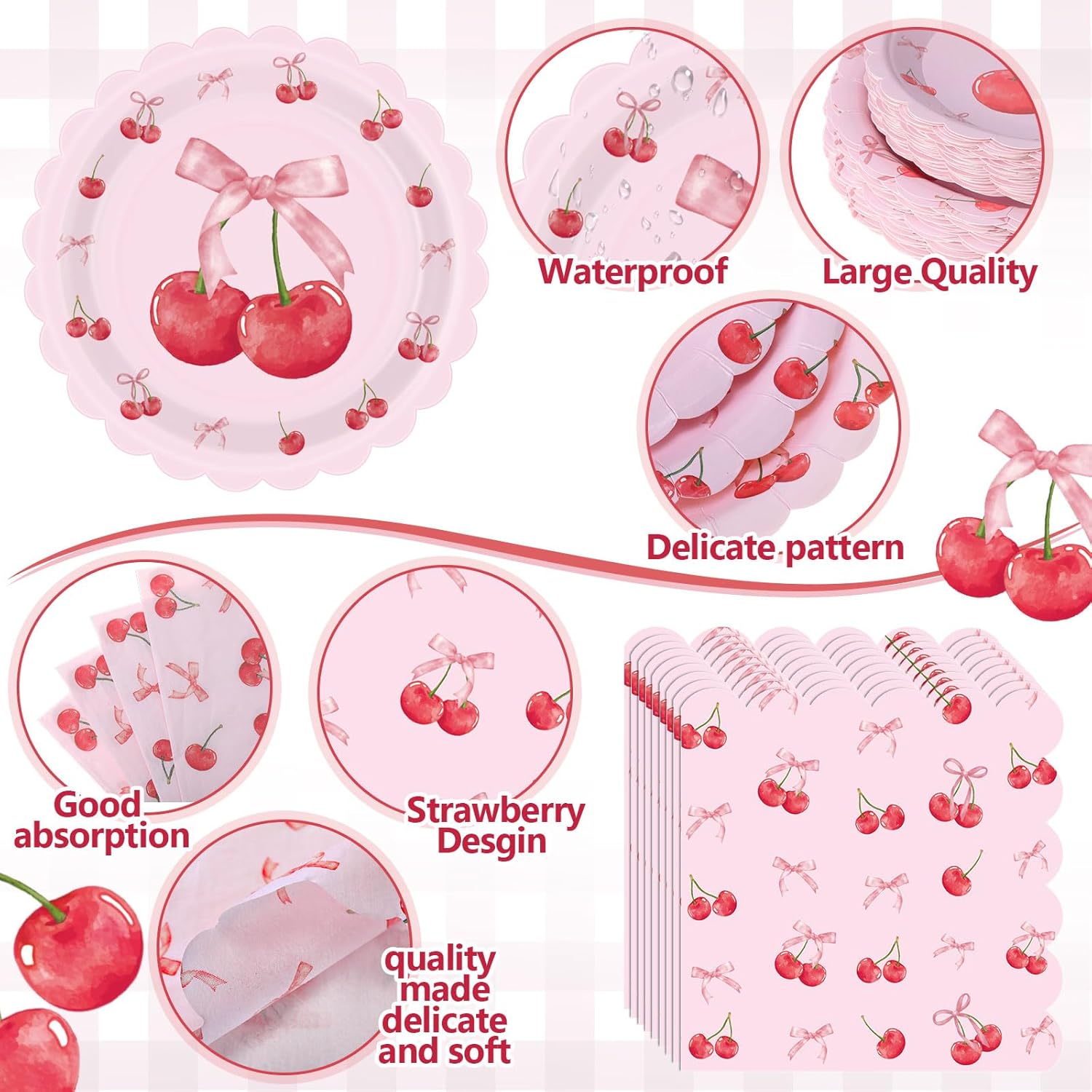 Funnymoom 452 Pcs Cherry and Bow Party Decoration Serves 50, Cherry Birthday Baby Shower Scalloped Paper Plates Napkins Cups Tablecloth Cutlery Straws for Pink Bow Birthday Baby Shower Party Supplies