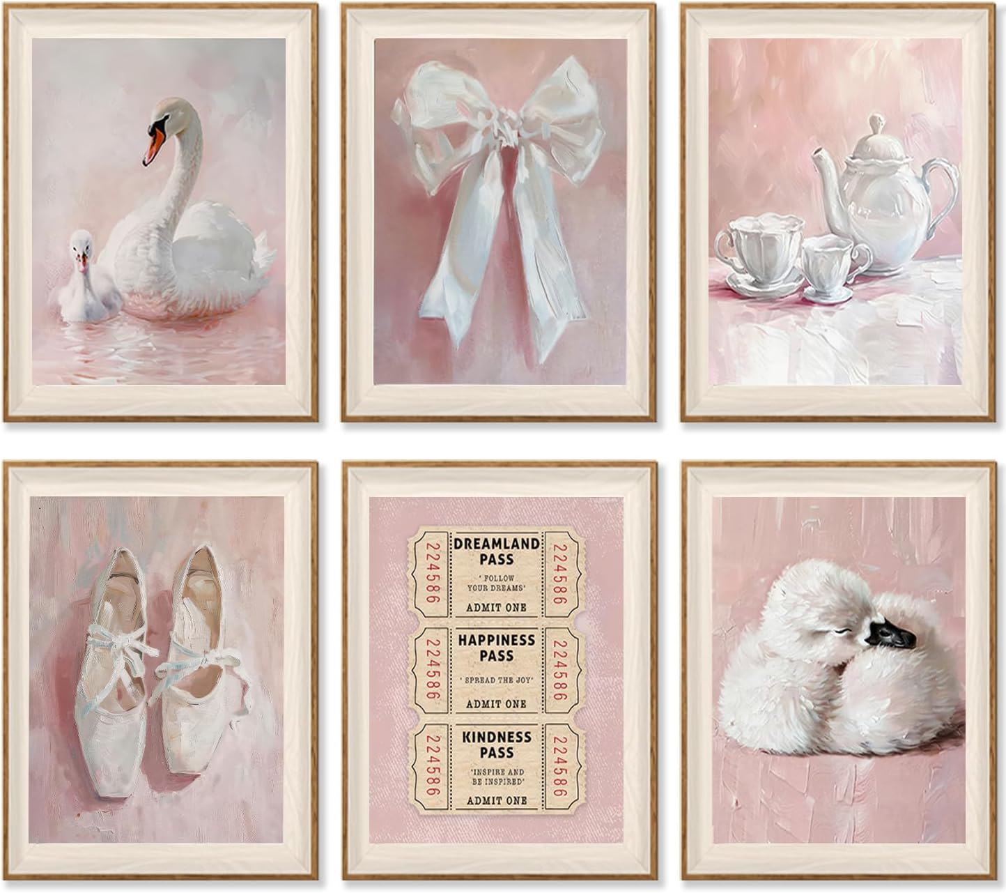 6Pcs Pink Vintage Swan Nursery Wall Art Ballerina Shoes and Bow Painting Picture Wall Decor Retro Tickets and Coffee Cups Preppy Posters Prints Artwork for Girls Room Gallery Dorm Apartment Kids Room