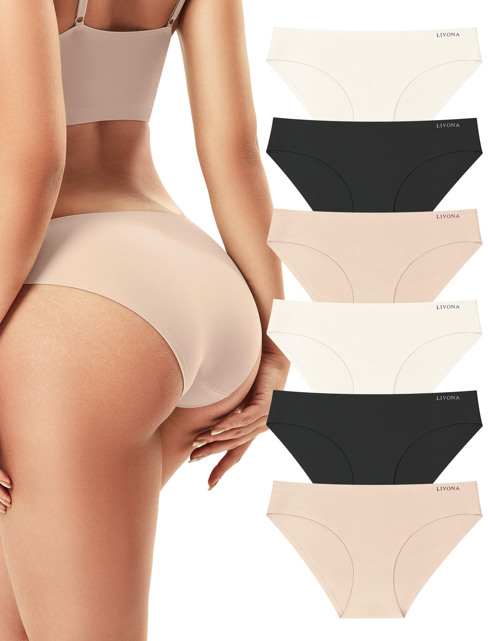 Livona 6 Pack Seamless Underwear for Women- High Cut Cheeky Bikini No Show Panties Soft Stretch Microfiber Hipster