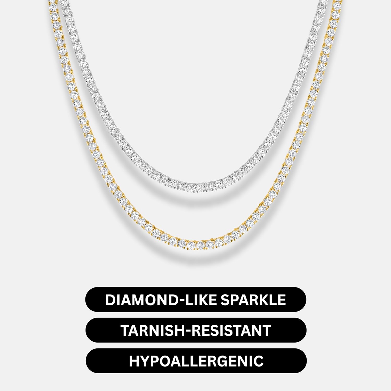 KISPER Kadınlar için Tenis Kolye, 14 Ayar Altın Kaplama, 3 mm Kübik Zirkon Taşlı, Ayarlanabilir 15-18 inç Zincir, 4 Tırnaklı Klasik Tasarım