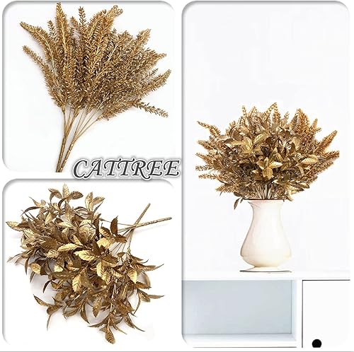 Miniatura 5 de CATTREE Plantas artificiales doradas, hojas de plástico doradas, paquete de 4 arbustos de hierba falsa, arbustos para el hogar, interior, exterior,