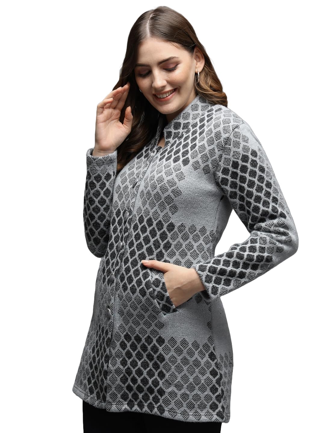 winterwear Women's Woolen Geometric fullsleeves Long Coat Cardigan Sweater-image-48