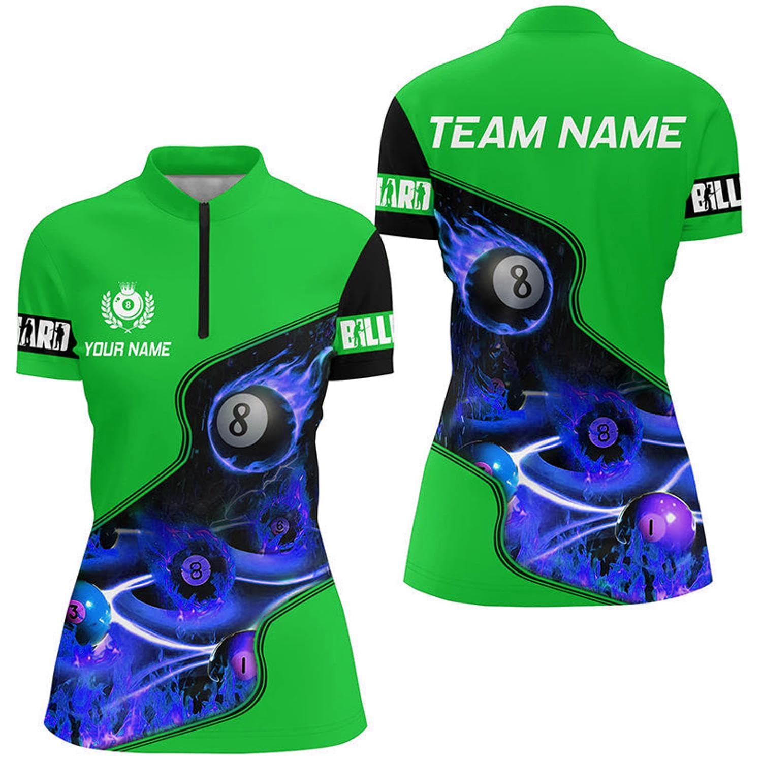 Personalized Master Billiard Balls Flame 3D Women Quarter Zip Shirts Purple Billiard Jersey T0980