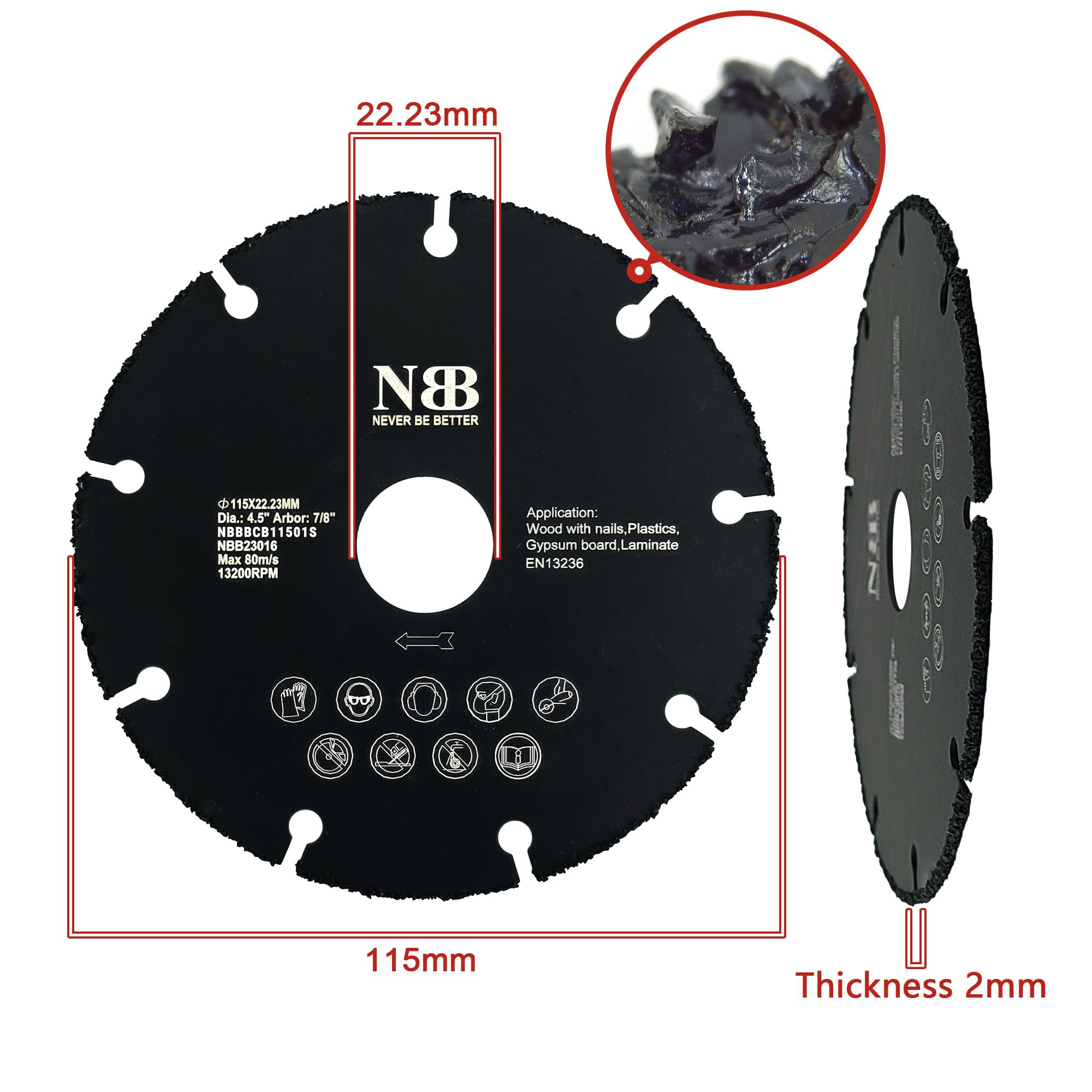 NBB tarcza tnąca z węglika do cięcia drewna z gwoździami laminatów plastiku płyty g-k profili aluminiowych tarcza z węglika wolframu do szlifierek kątowych łatwa w użyciu (10, 115mm)