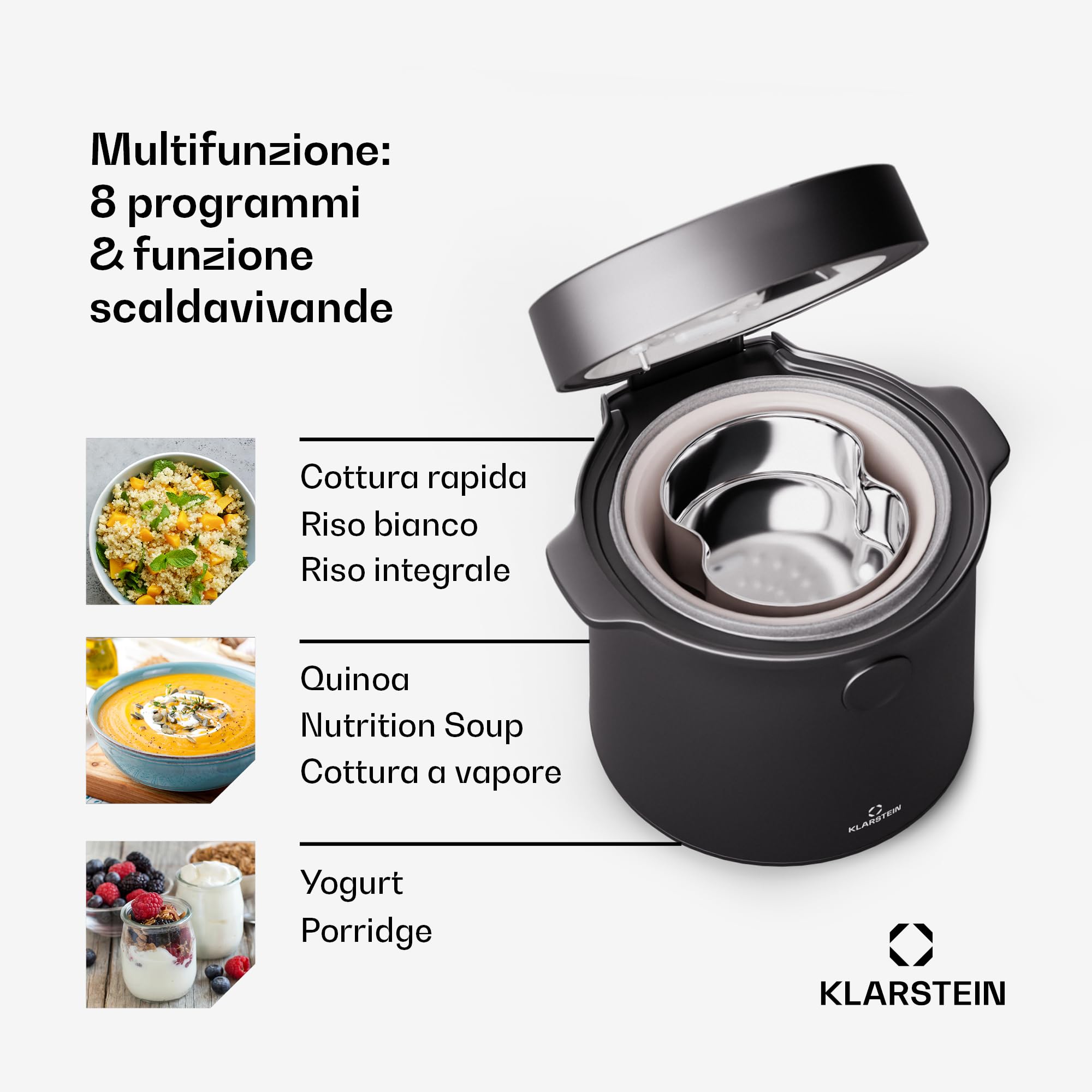 Cuociriso Elettrico Klarstein 2 Litri - 9 Modalità Cottura, Acciaio Inox, Con Vaporiera - Per Sushi, Zuppe, Yogurt - Foto 10