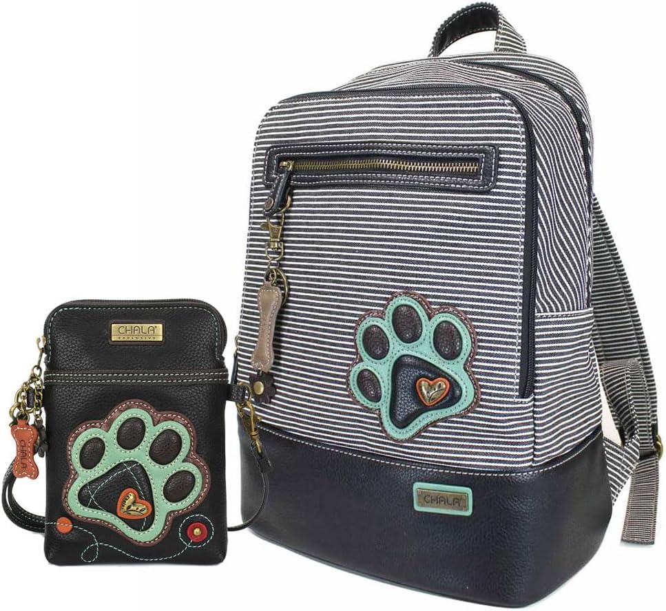 CHALA New Deluxe Striped multipurpose-backpacks with detachable Key Charm, fit up to 14" Laptop for Adult (Teal Stripe_ Sea Turtle)