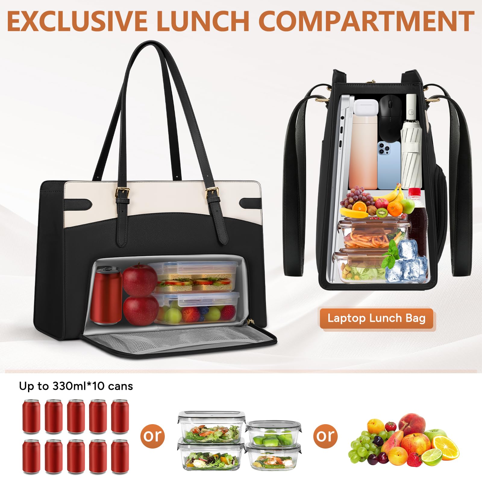 RAINSMORE Laptop Bags for Women with Insulated Lunch Compartment Work Tote Bag 15.6 inch Large Laptop Handbag PU Leather for Office Business College — view 3