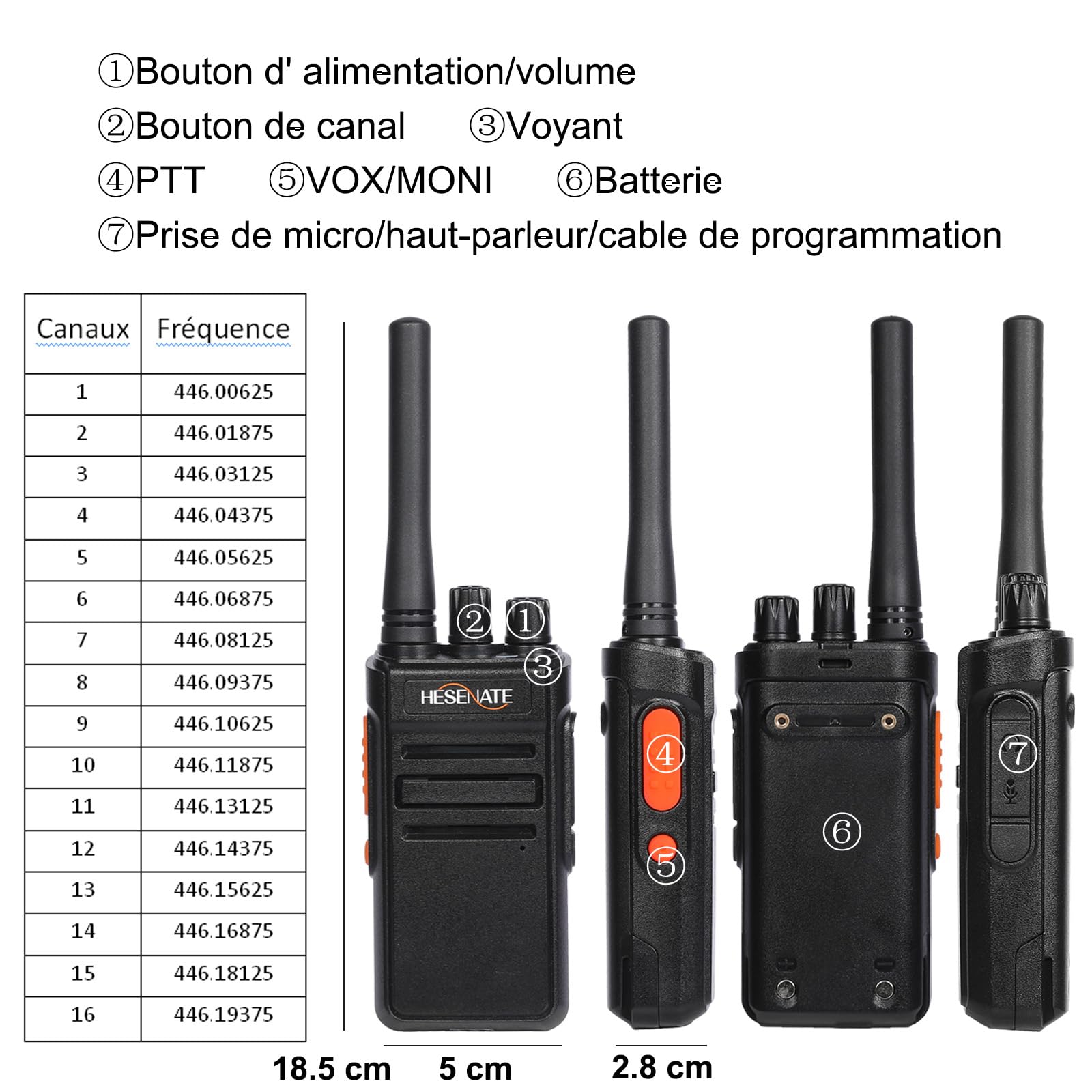 HESENATE HT66 Talkie-walkie PMR446 Radio sans Licence Radio Longue portée Talkie-walkie Professionnel 16 canaux Portable Woki Toki (Noir, Lot de 6) (avec Chargeur 6 emplacements)