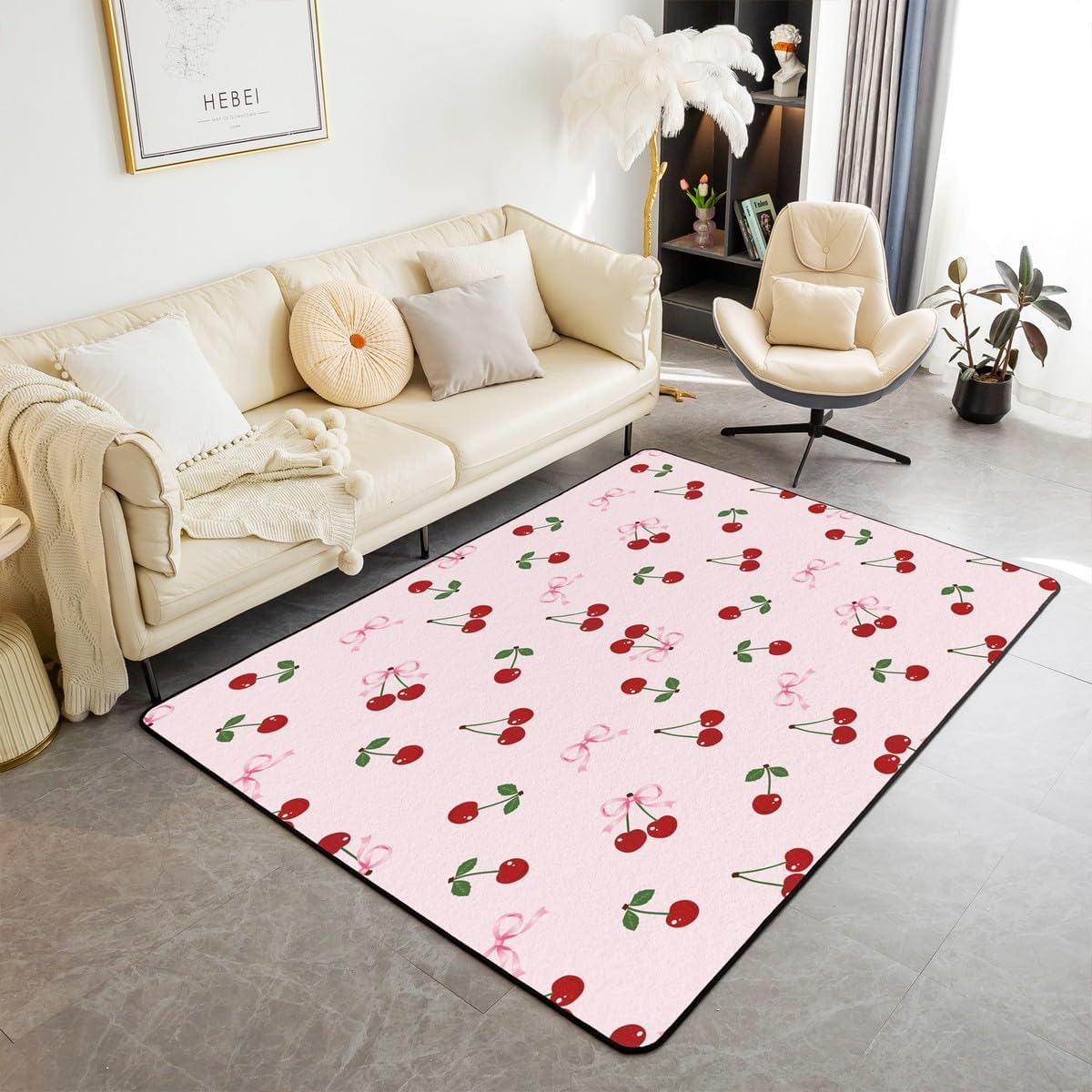 jejeloiu Cute Bows Cherry Area Rug 3x5 Kids Watercolor Bow Living Room Rugs for Bedroom for Boys Girls Teens Summer Fruit Indoor Floor Mat Soft Microfiber Bowknot Pink Room Decor