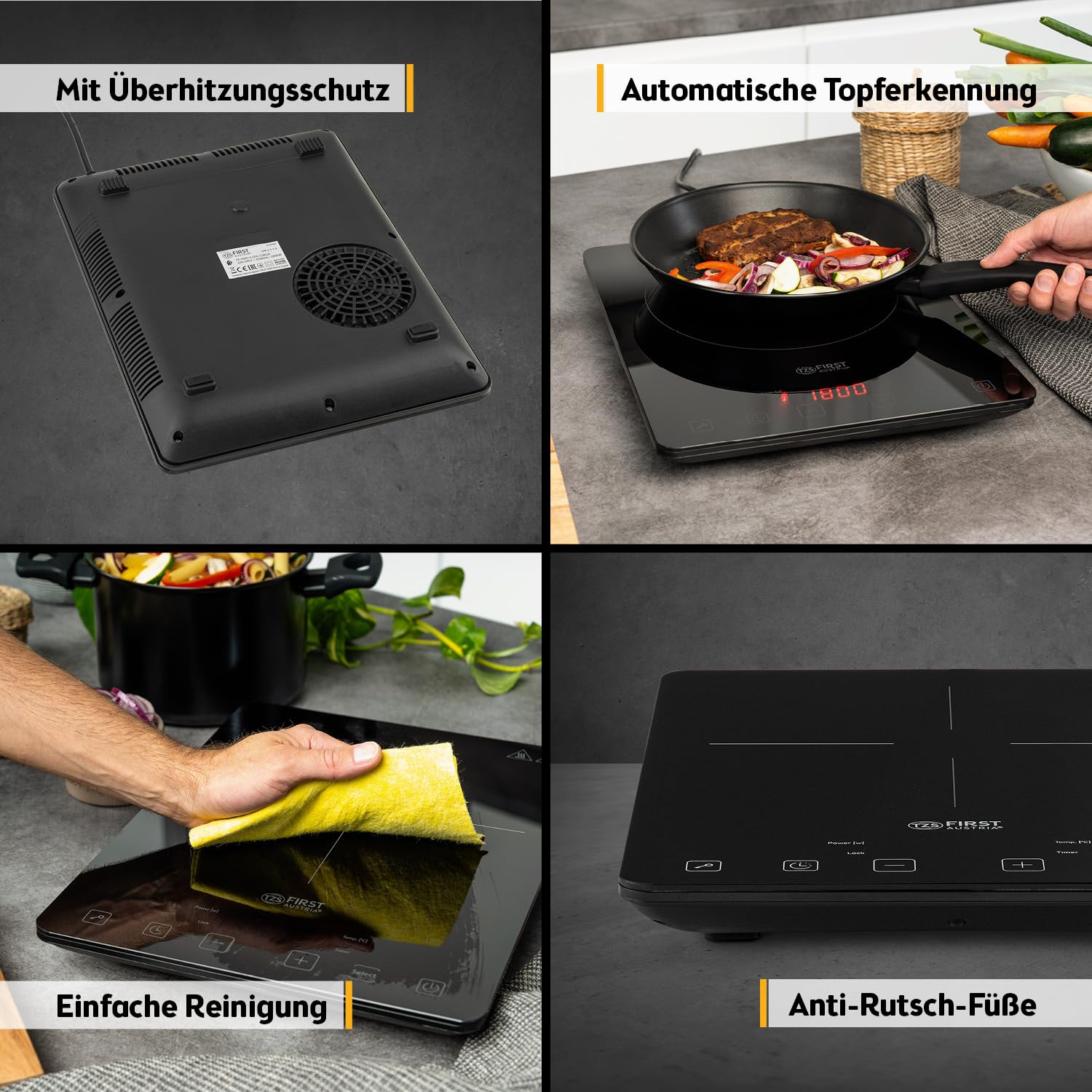 TZS First Austria Induktionskochplatte 2000W – Ultraschlankes Slim-Design & Kristallglas – Digitales Kochfeld mit Touch-Sensor, 10 Stufen & Timer – Ø 260 mm – Ideal für Camping, Garten & Büro