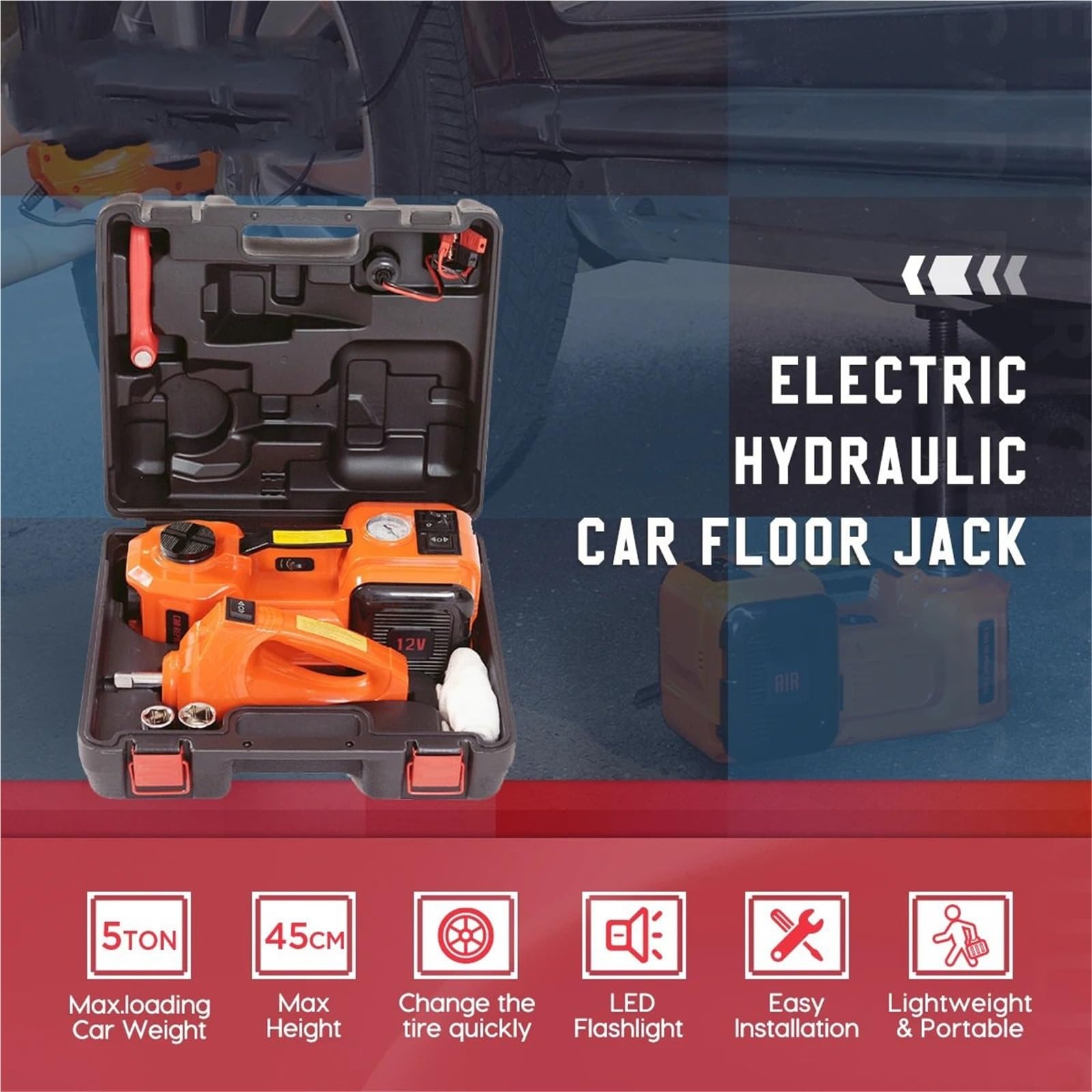 Accessori cric per Martinetto per Auto 3in1 Martinetti Idraulici elettrici Martinetto da Pavimento per Auto da 5 tonnellate 45 cm con Pompa di gonfiaggio per cric per Auto