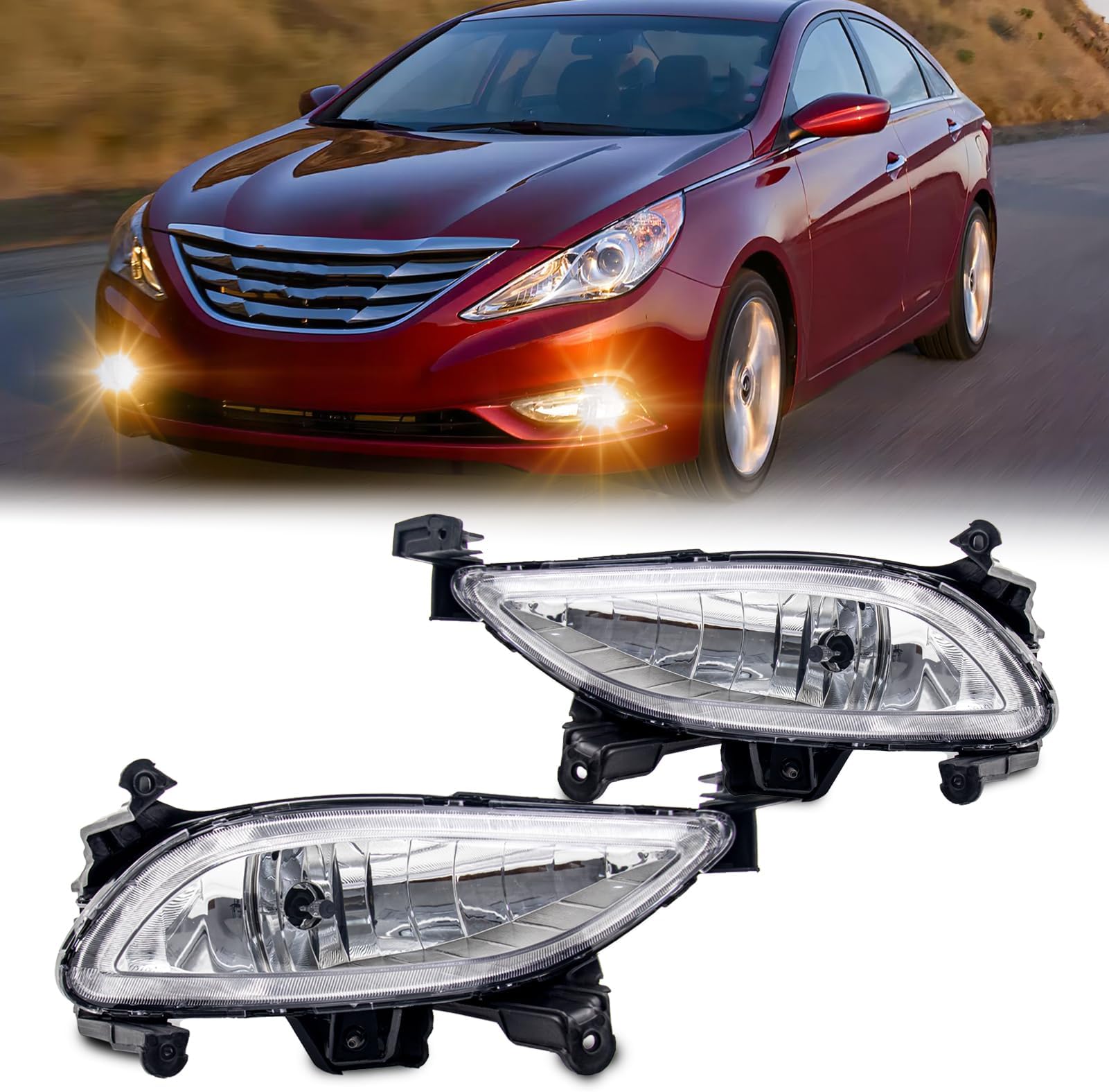 Fog Lights Assembly Replacement For Hyundai Sonata 2011-2013 With 881 12V 27W Halogen Bulbs OEM Part Number:HY2593134, HY2592134 1Pair(Clear Lens)