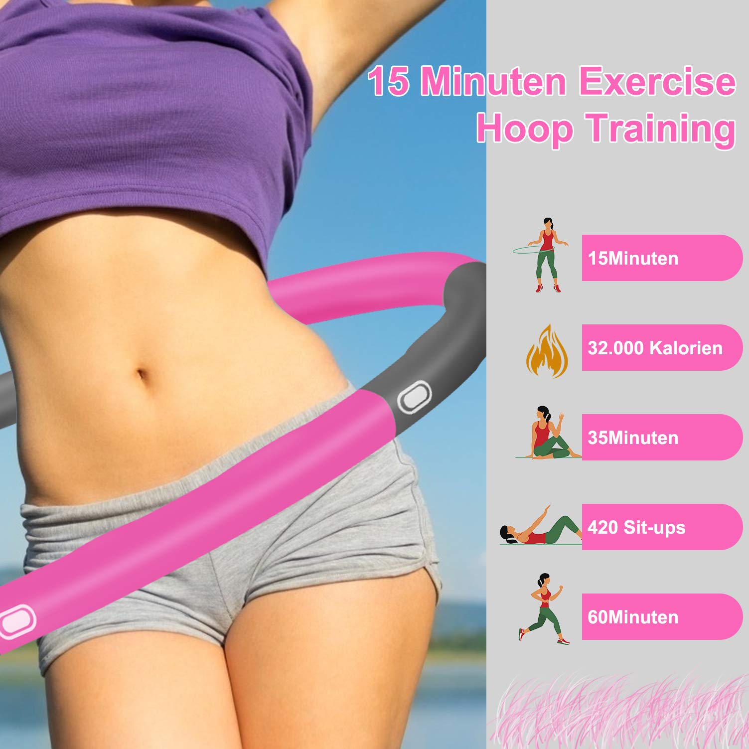 Hula Hoop Reifen Erwachsene zur Abnehmen und Massage, Hoola Hoop für Erwachsene & Kinder EIN 6-8 Teiliger Abnehmbarer Hullahub Reifen Fitness Training/Bauchmuskelkonturen mit Springseil