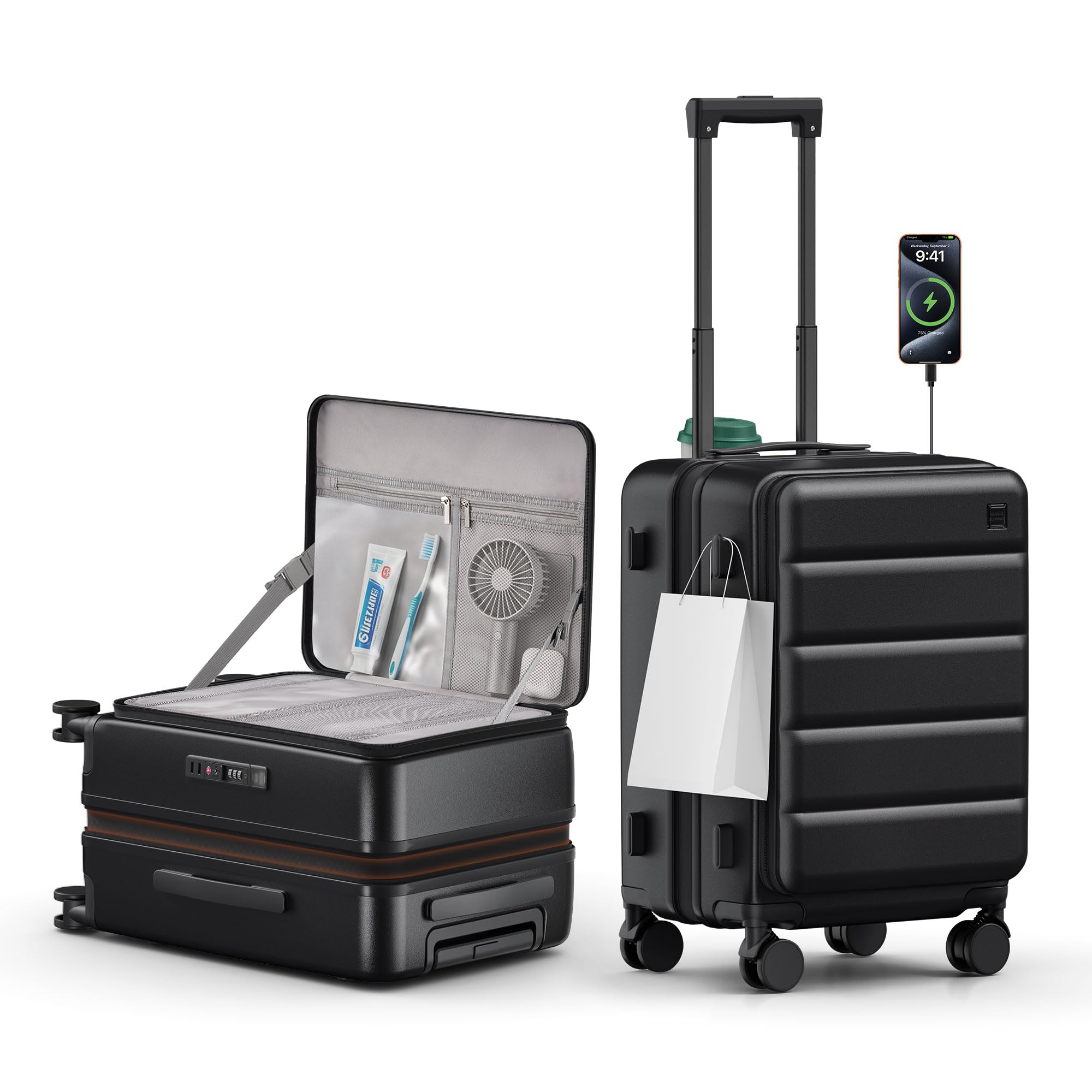 expandable 20inch carry on luggage airline approved - top opening hardside travel suitcase unbreakable -with cup holder,usb charge,side pothook, 360°spinner wheels, tsa lock-black