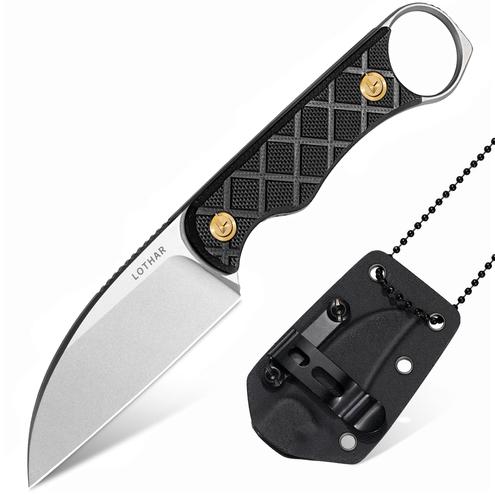 LOTHAR BEAVER Small Fixed Blade Knife, 2.58" Full Tang Neck Knife with Sheath and Necklace, 14C28N, G10 Handle Vertical Horizontal Carry Knife with Adjustable Belt Clip, Gifts for Men Women