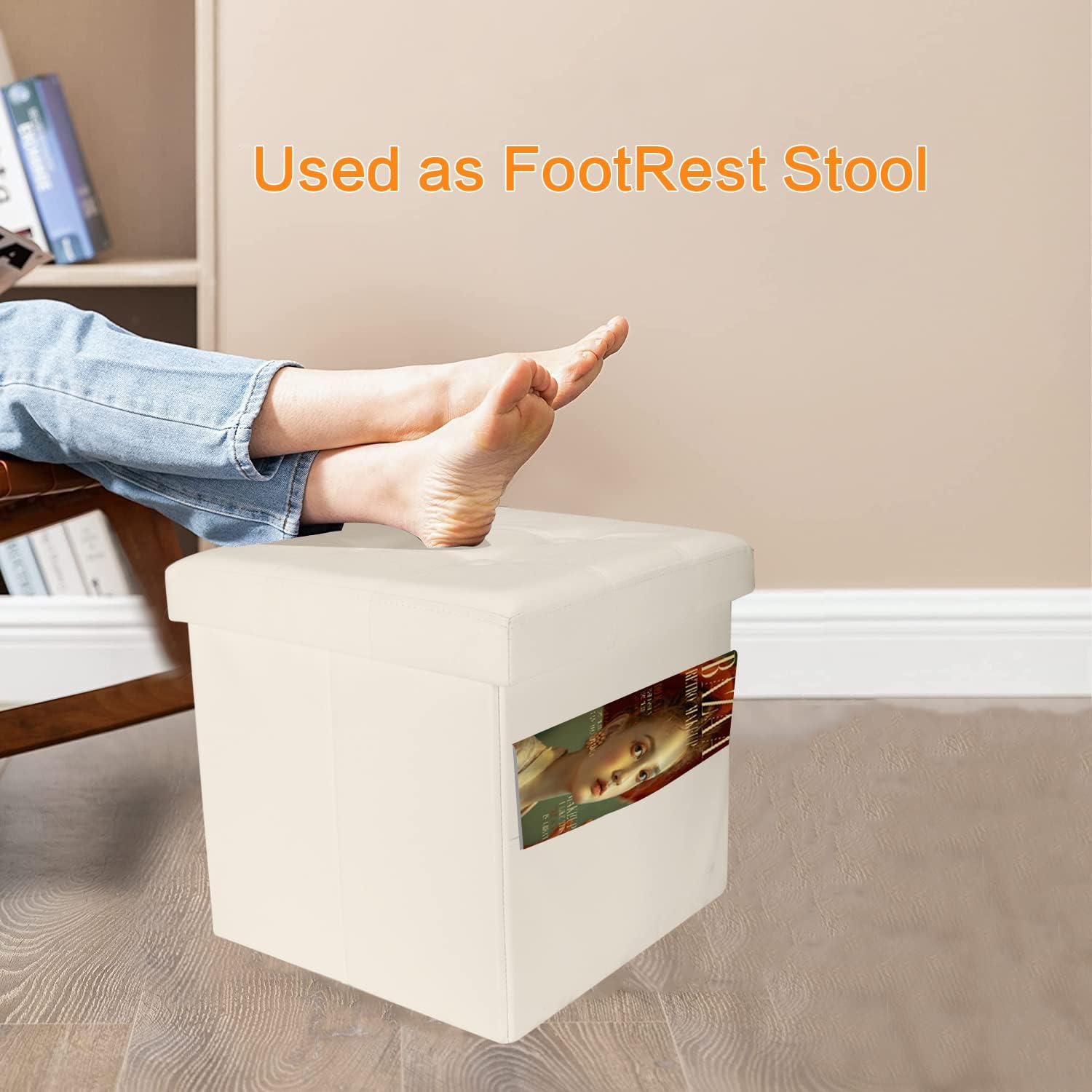 FujDun® Folding Storage Ottoman Square Cube Foot Rest Footstool with Side Pocket,Leather Ottoman Seat for Living Room or Bedroom,Padded with Thick Sponge (Beige, 15 * 15 * 15 inches)