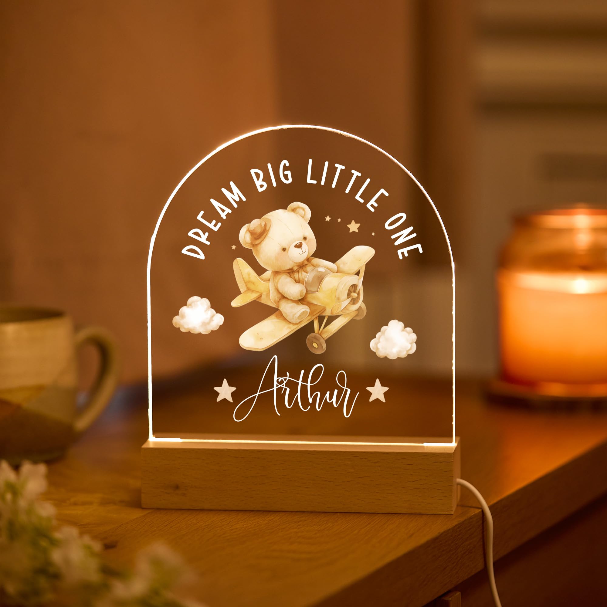 Pomchick - Personalised Baby Night Light LED Lamp Custom Name Dream Big Little One Nursery Decor Toddler Room Gift Newborn Keepsake Christening Present