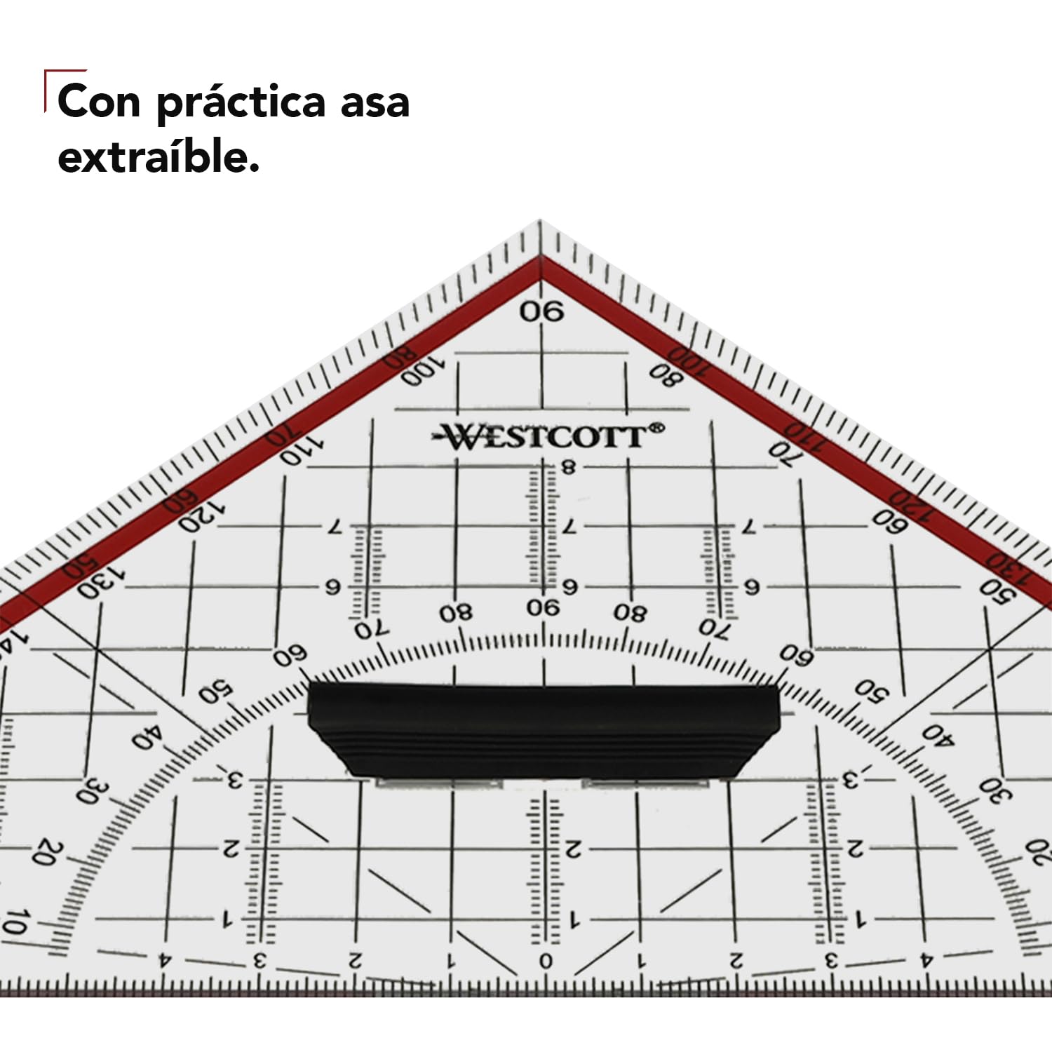 Westcott Transportador 22 cm con mango desmontable transparente escala roja técnica para escuela
