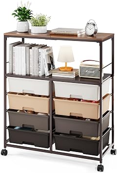 SYKIARIOL 8 Drawers Rolling Storage Cart with Wooden Top, Multipurpose Utility Cart with Opening Shelf & Lockable Wheels, Storage Drawer Cart Organizer for Home Office Craft Room Classroom, Brown