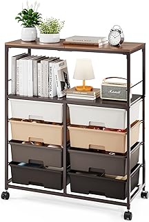 8 Drawers Rolling Storage Cart with Wooden Top, Multipurpose Utility Cart with Opening Shelf & Lockable Wheels, Storage Drawer Cart Organizer for Home Office Craft Room Classroom, Brown