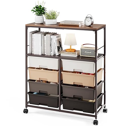 SYKIARIOL 8 Drawers Rolling Storage Cart with Wooden Top, Multipurpose Utility Cart with Opening Shelf & Lockable Wheels, Storage Drawer Cart Organizer for Home Office Craft Room Classroom, Brown - Brown