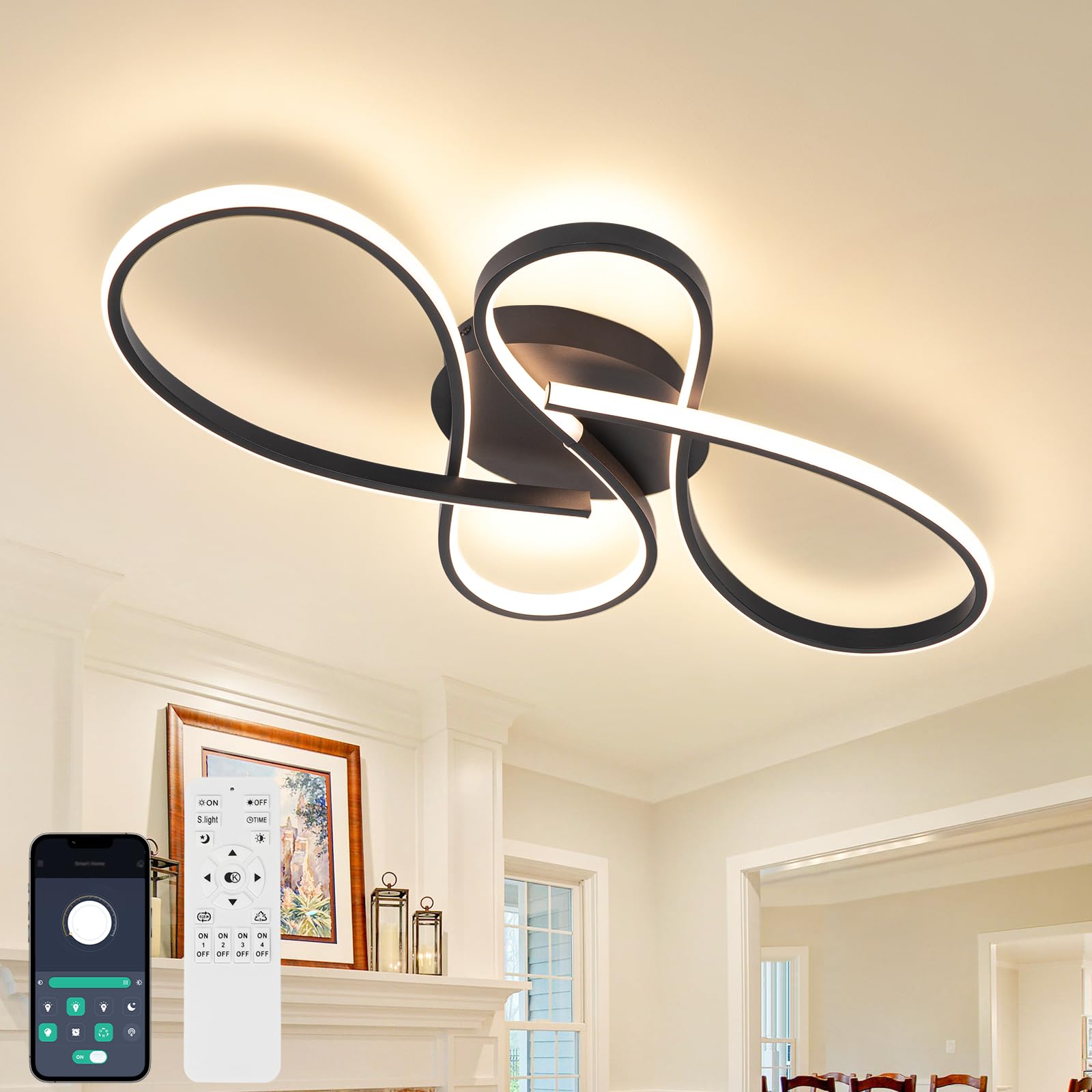Led Ceiling Light Dimmable, Modern Led Ceiling Lamp with Remote Control, Minimalist Black Ceiling Lights for Bedroom Kitchen Living Room Dining Office Hallway Balcony - 43W, Black, 78cm, 3000K-6000K