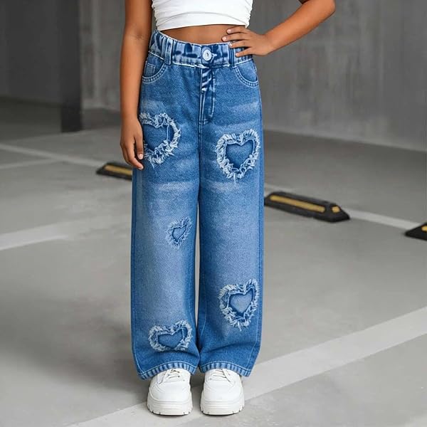 Pantalones capri de pierna ancha con aspecto de mezclilla para niñas, cintura elástica, corte de corazón, pantalones de mezclilla para la escuela - 1