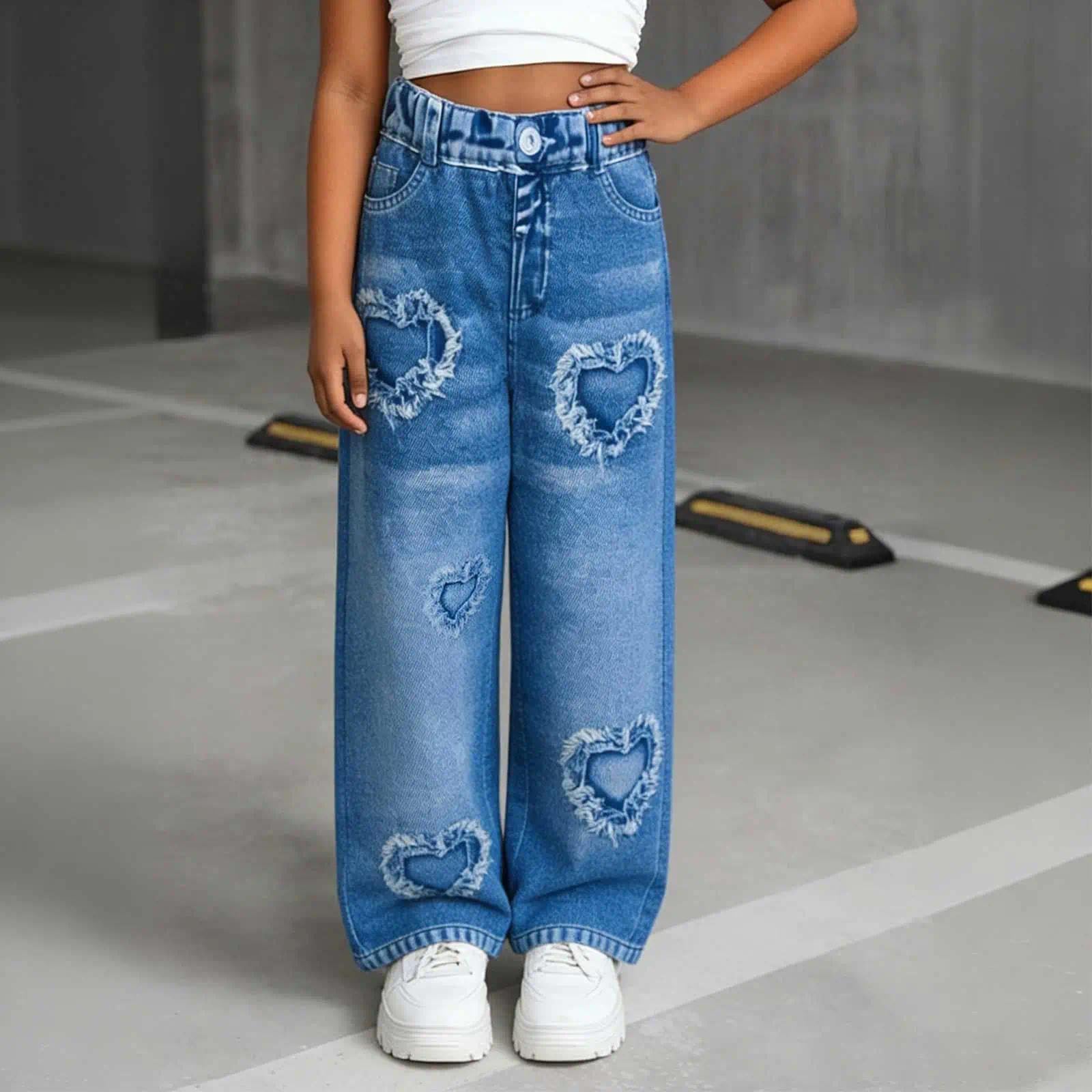 Pantalones capri de pierna ancha con aspecto de mezclilla para niñas, cintura elástica, corte de corazón, pantalones de mezclilla para la escuela