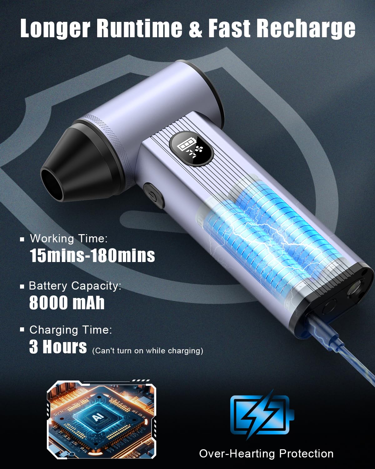 Plumero de aire comprimido inalámbrico con luz LED, batería de 8000 mAh, motor sin escobillas, soplador de aire eléctrico ajustable de 4 engranajes para el hogar, coche, computadora, al aire libre