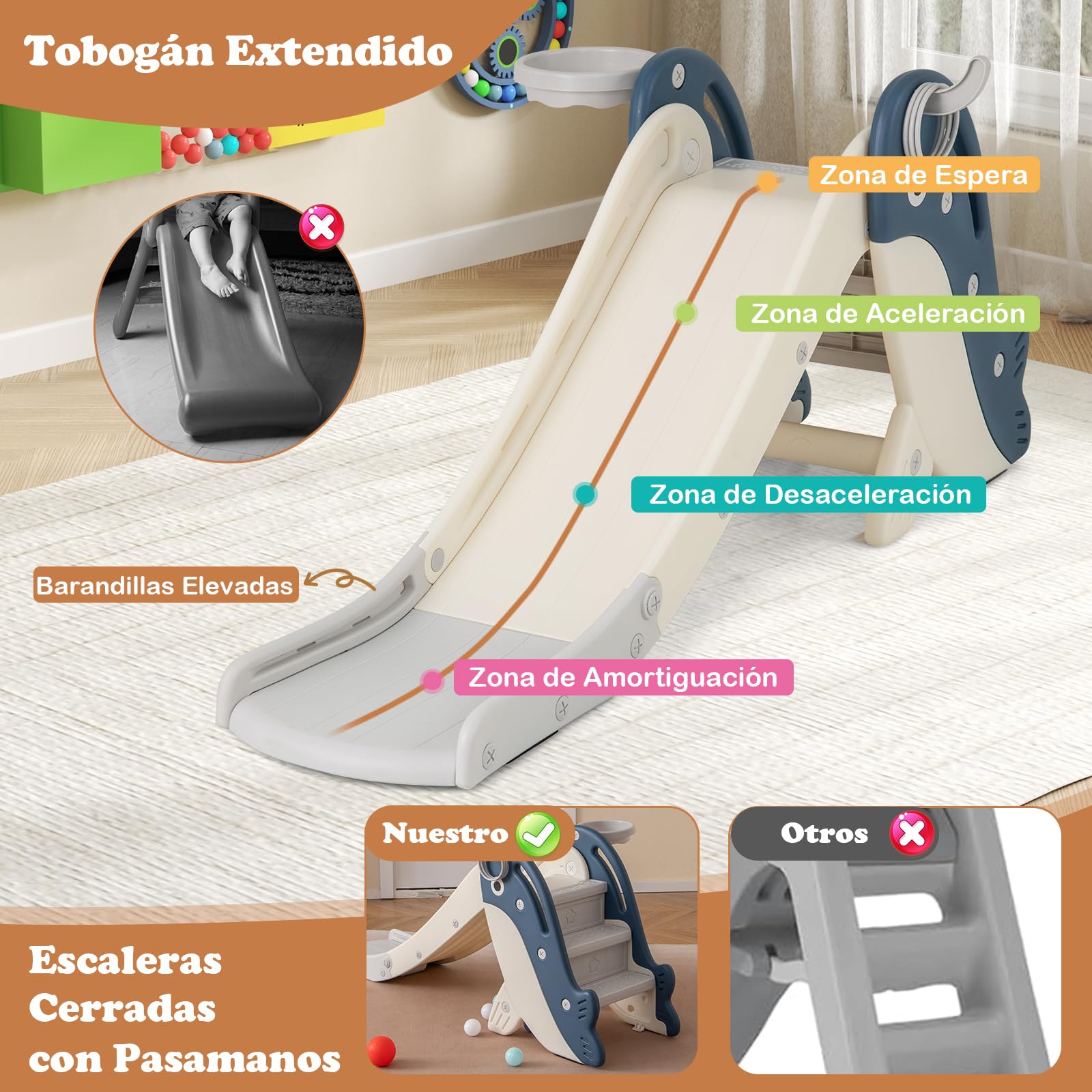 GOPLUS Tobogán Plegable para Niños, Tobogán Infantil 4 en 1 con Canasta de Baloncesto, Escalera de Trepar, Juego de Anillas, Baloncesto, para 3+ Años, Juguete de Jardín para Interior y Exterior