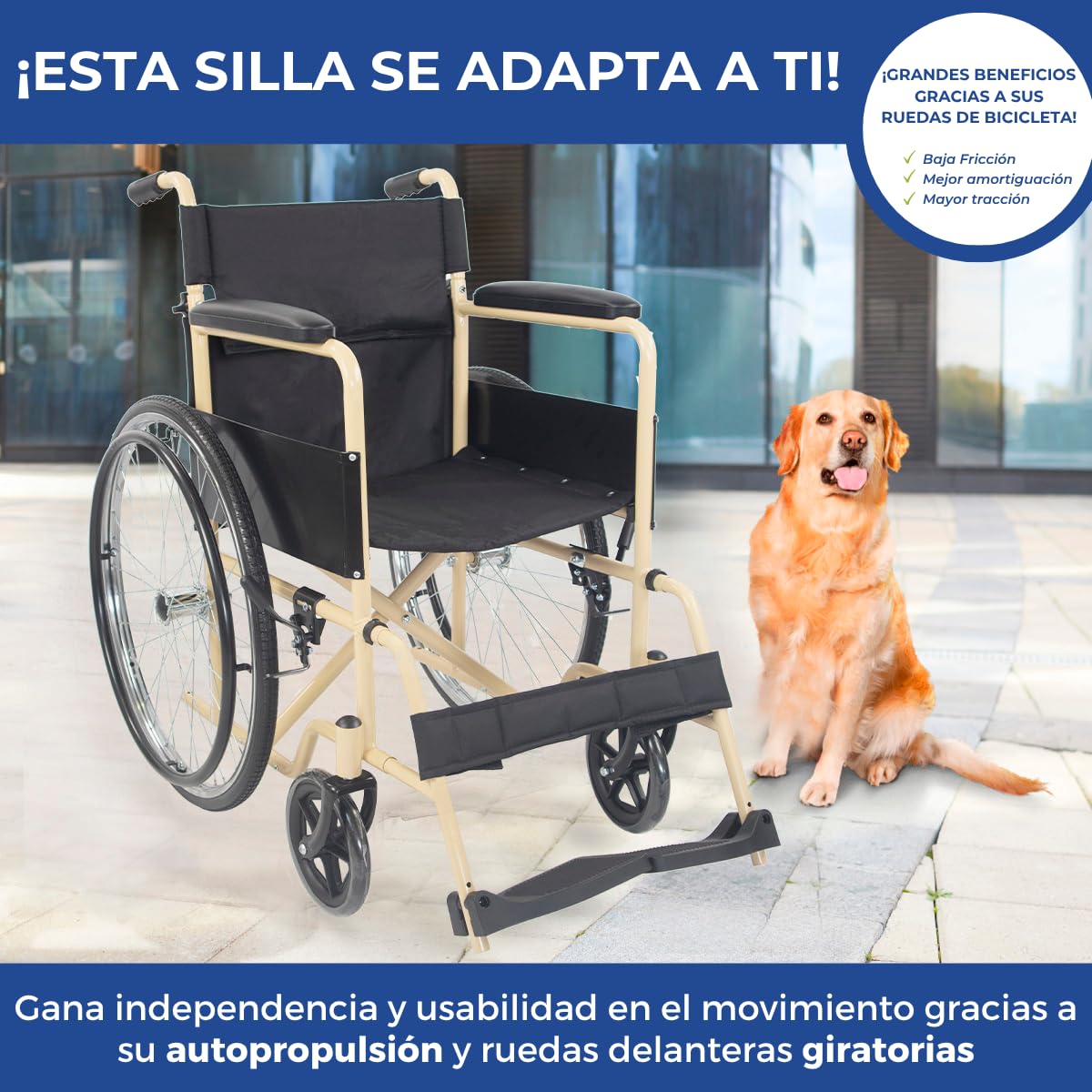 Mobiclinic®, Wózek inwalidzki składany, Denver, Siedzisko 46 cm, Hamulec ręczny, Zdejmowane oparcie, Składany podnóżek, Odporny, Dla niepełnosprawnych, Kremowo-czarny