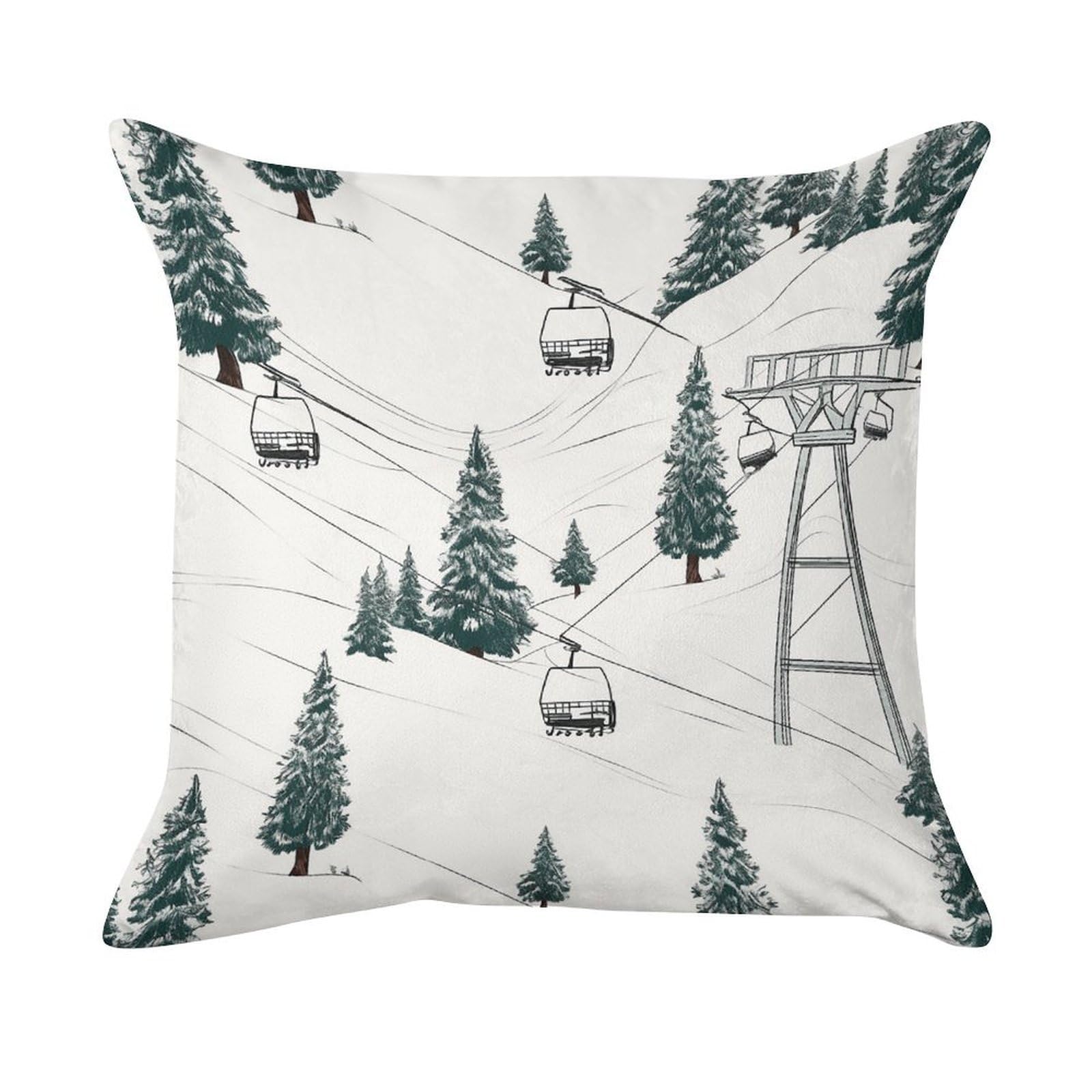 FekiLoot Throw Pillow Cover Ski Lift with Fir Tree Painting Art Decorative Square Pillow Cover Comfort Breathable Pillowcases Soft Velvet Square Modern Cushion Covers for Sofa Couch