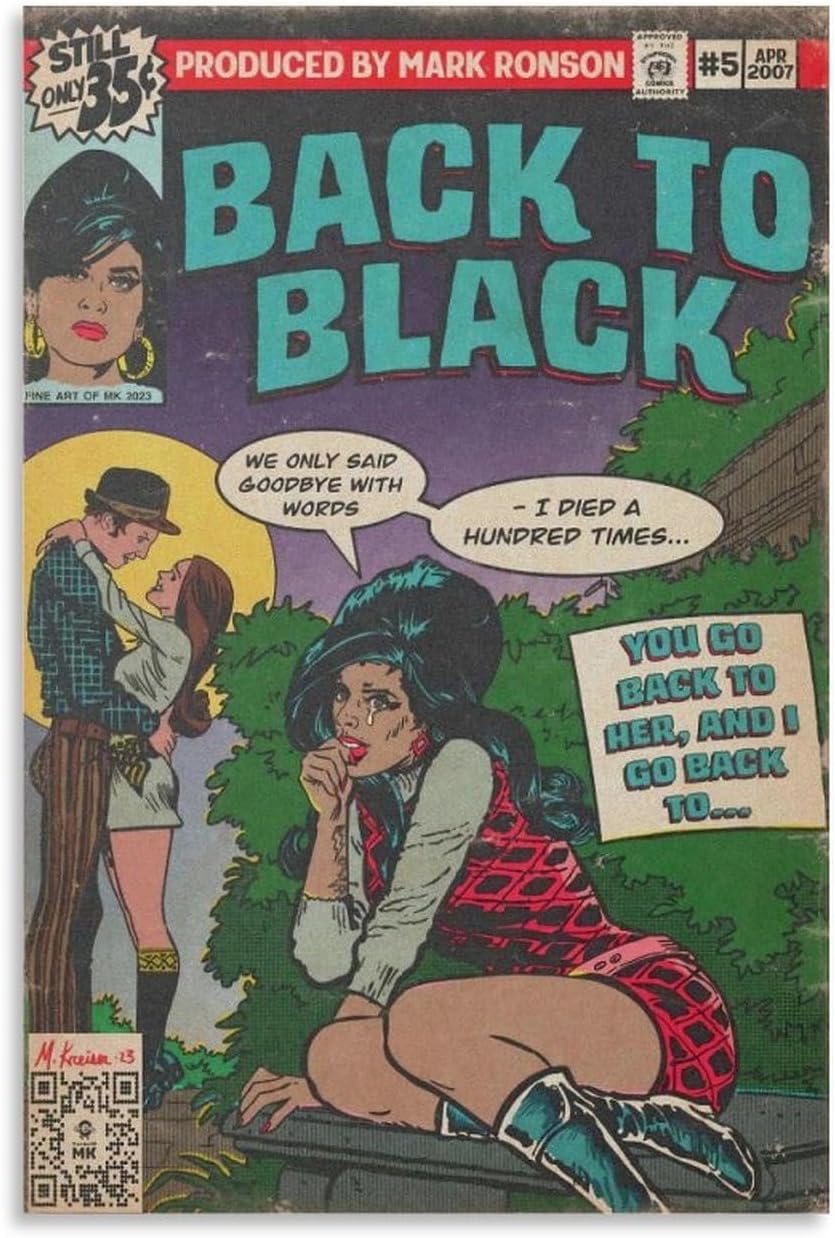 Amy Winehouse Poster Back to Black Music Album Comic Art Poster Posters for Room Aesthetic Canvas Wall Art Bedroom Decor 12x18inch(30x45cm)