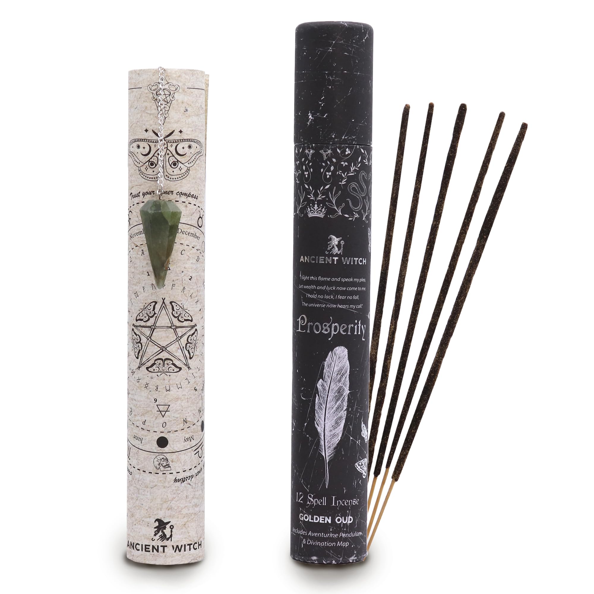 Ancient Wisdom Black Brown Ancient Witch Spell Incense - Prosperity - Aventurine Pendulum
