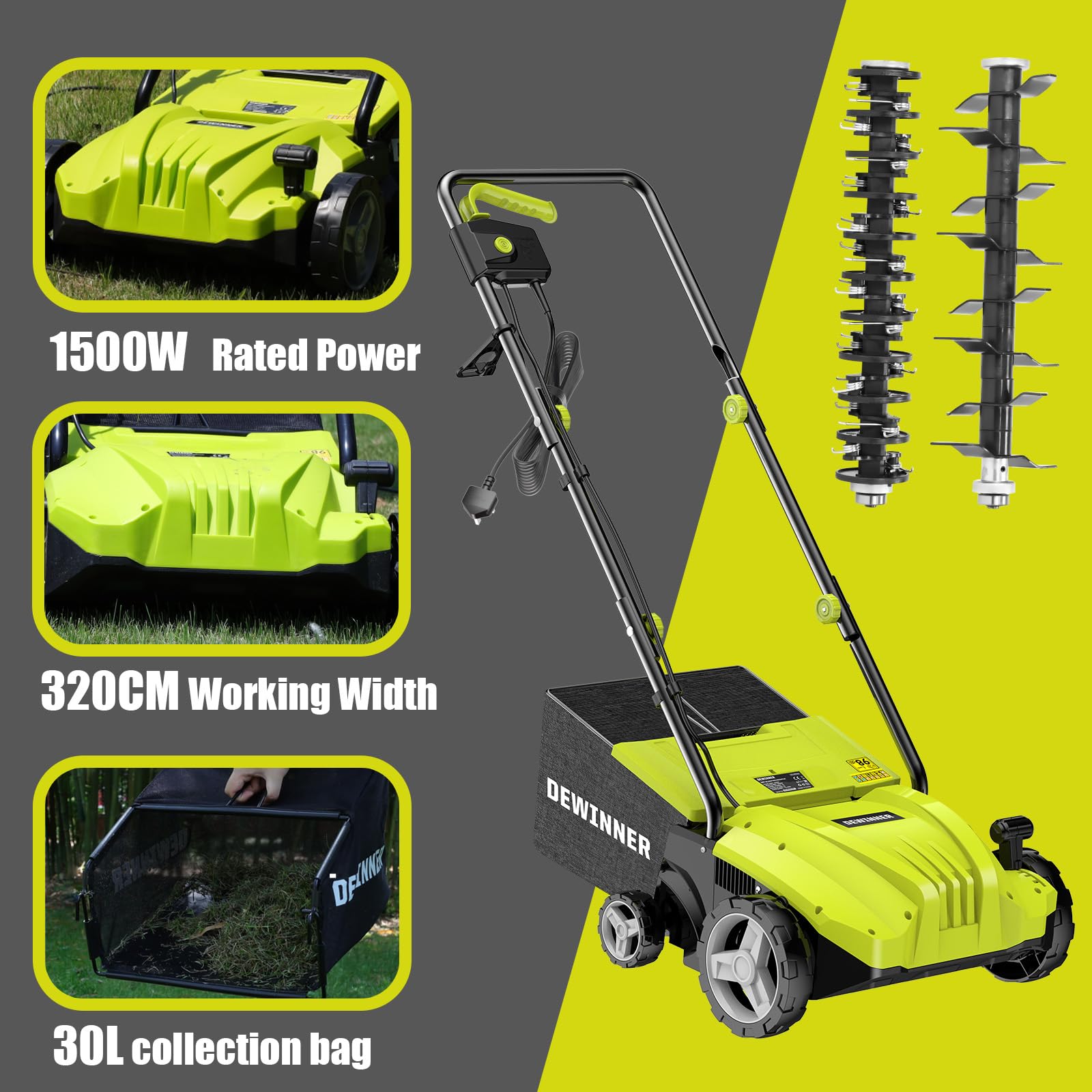 Scarificateur Électrique 1500W 2-en-1, Aérateur de Gazon avec 4 Hauteurs Réglables, Largeur 32cm, Bac 30L et Moteur 3000tr/min pour Pelouse