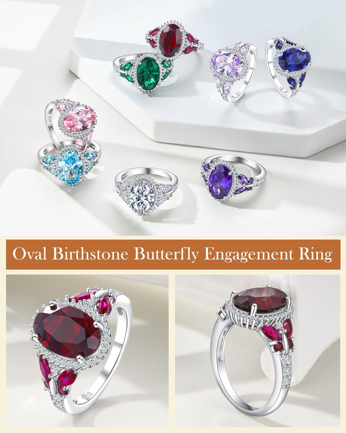 AIBAO Large Oval Engagement Rings for Women Sterling Silver Created Sapphire/Ruby/Aquamarine/Emerald/Amethyst/Alexandrite/CZ Butterfly Halo Ring Birthstone Rings Jewelry Size 6 to 10