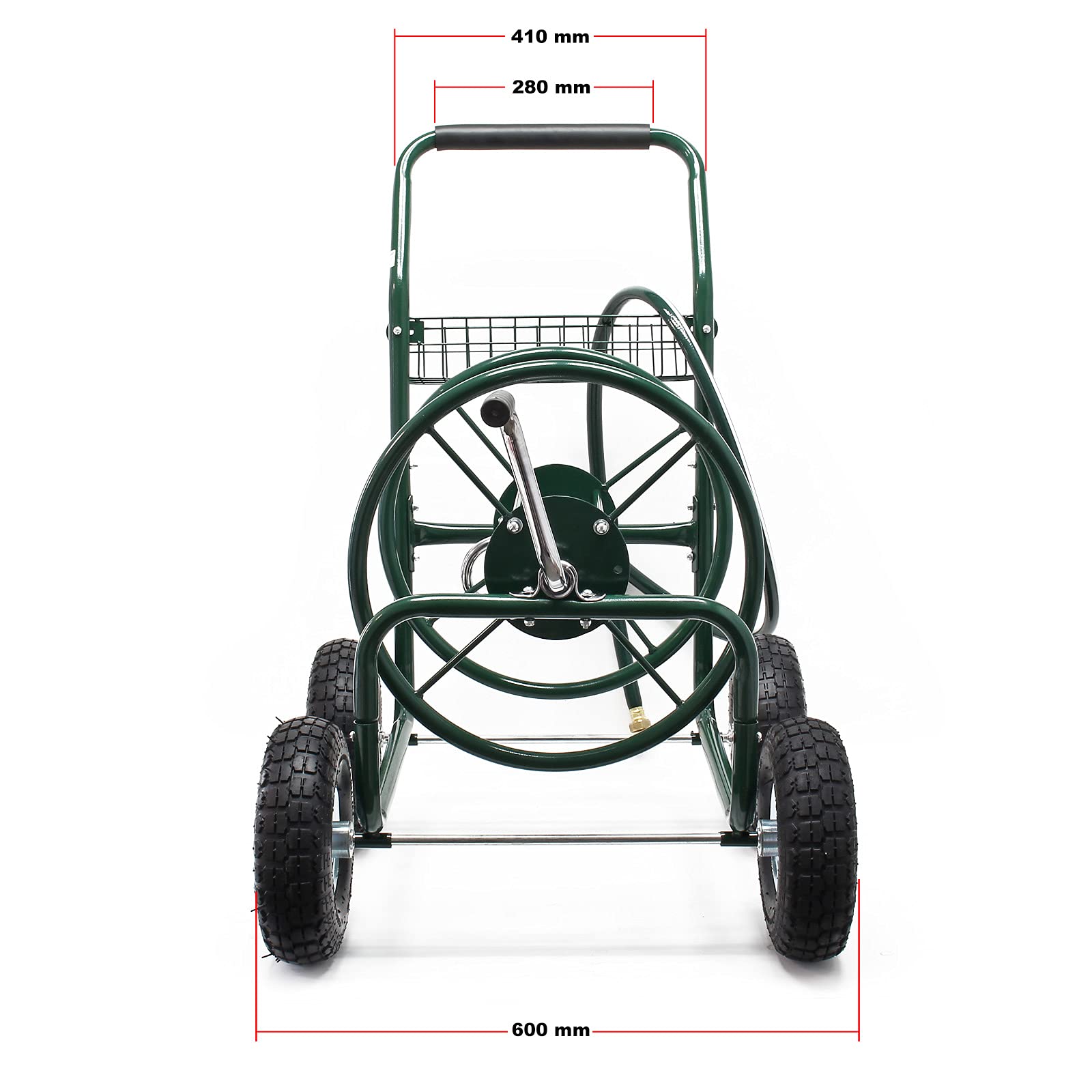 Wiltec Chariot Tuyau d'arrosage 76m 5/8" (16 mm) Enrouleur 4 Roues Ø 25cm Dévidoir sur Roues de Tuyau Dispositif Irrigation Mobile Jardin