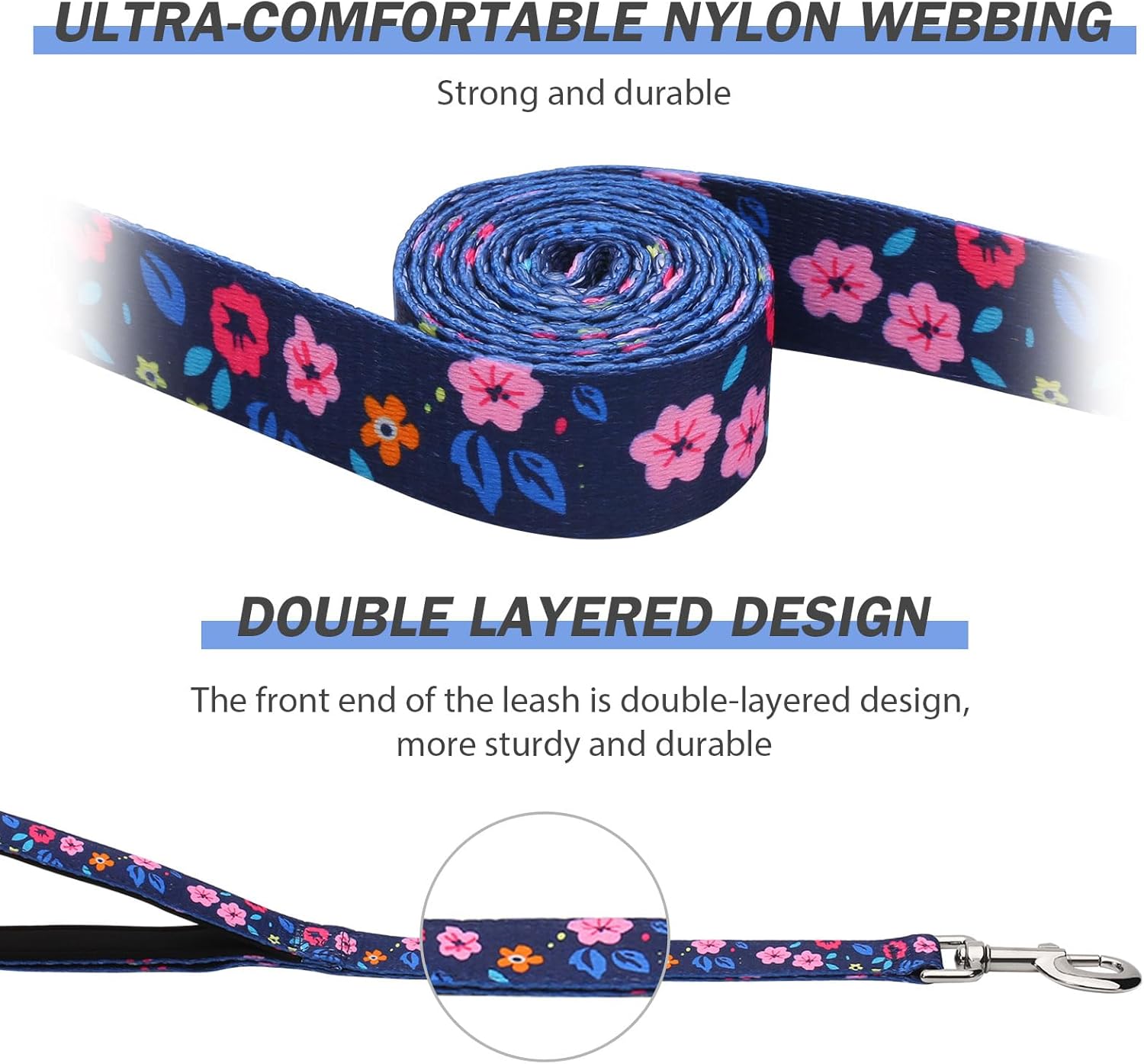 Hikiko 16.5-23.5 inches Dog Collar and 6FT Leash, Soft Nylon Pet Collars and Double Handle Leashes for Large Dog