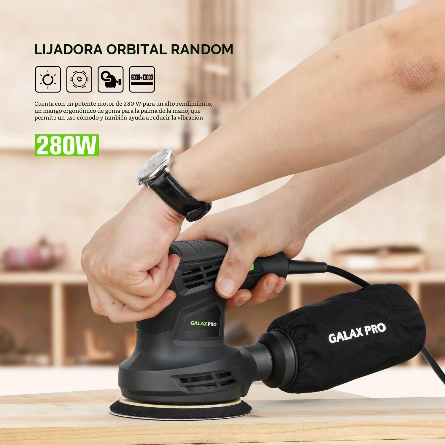GALAX PRO Lijadora Orbital, 280W 6000-13000 RPM 6 Velocidades Variables Lijadora Rotorbital, 15 Hojas de 125 mm Discos Abrasivos, Polvo Sistema de Recogida, ideal para bricolaje