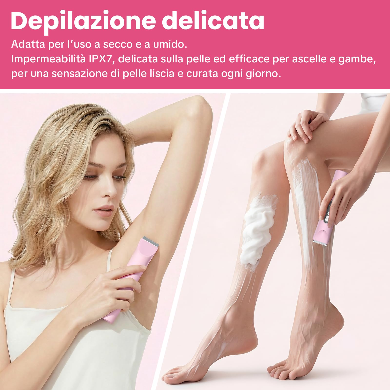 Rasoio Donna 2 in 1 Elettrico, Doppia Testina con Ricarica Type-C, IPX7 Impermeabile, Rasoio Corpo Donna per Gambe, Ascelle e Zona Bikini, Uso Bagnato e Asciutto - 3