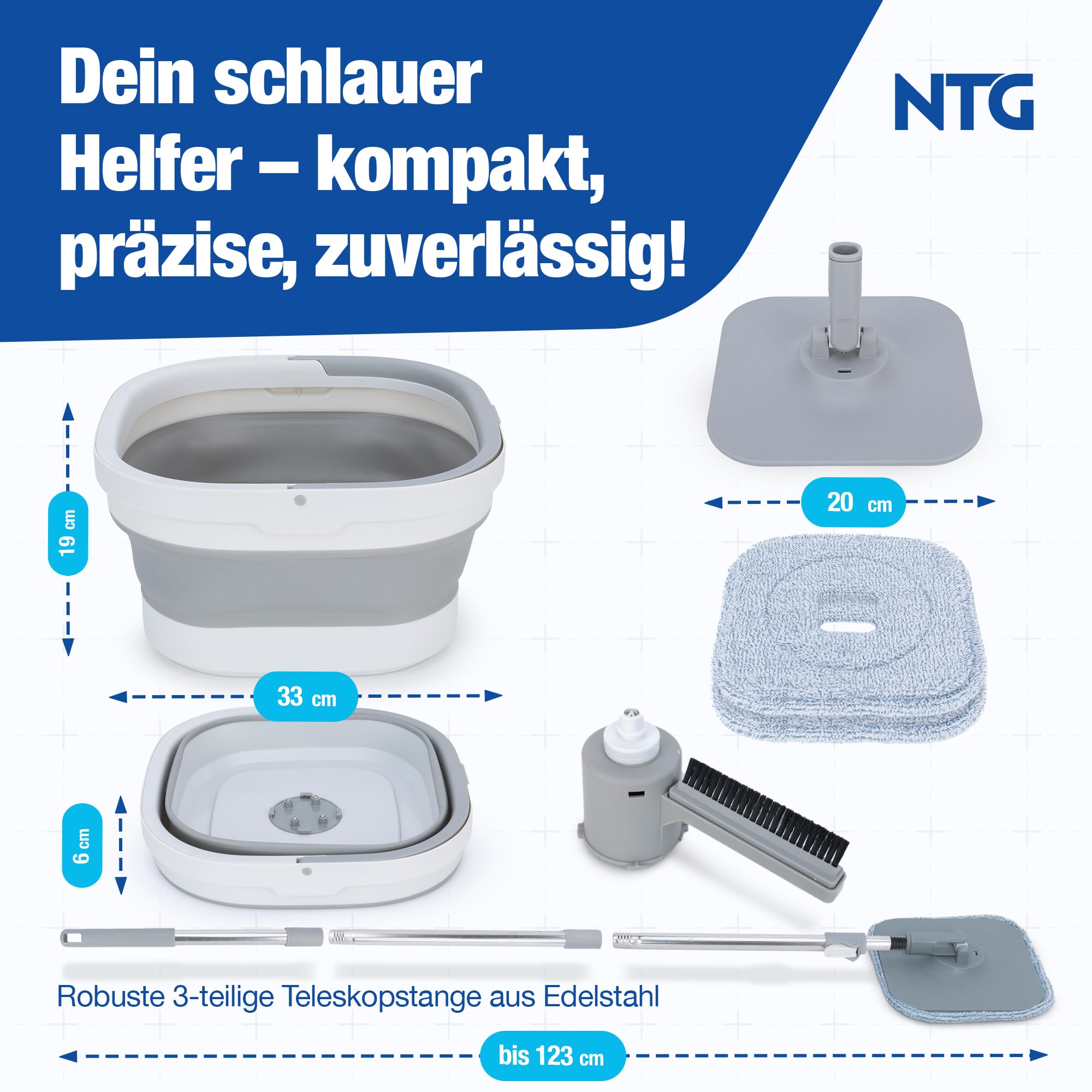 NTG Wischmopp Set mit Eimer – Mop Set mit Mikrofaser-Bodenwischer & Rotationsfunktion – platzsparendes Reinigungssystem inkl. Ersatz-Wischpads für Laminat, Fliesen & alle Bodenarten