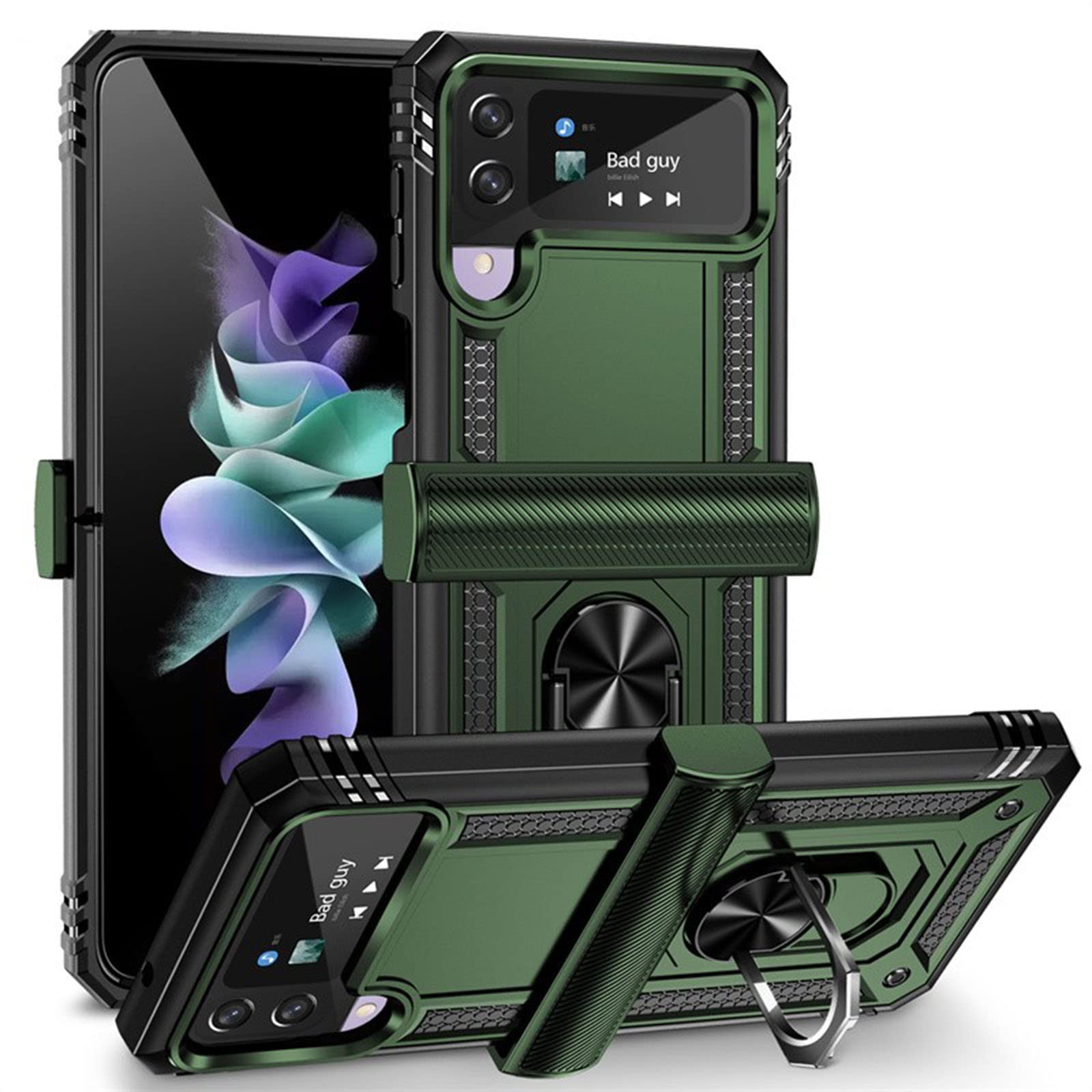 Coque pour Samsung Galaxy Z Flip 4, Housse De Protection Antichoc Militaire Etui avec Anneau Support Magnétique Protection Case,Dark Green