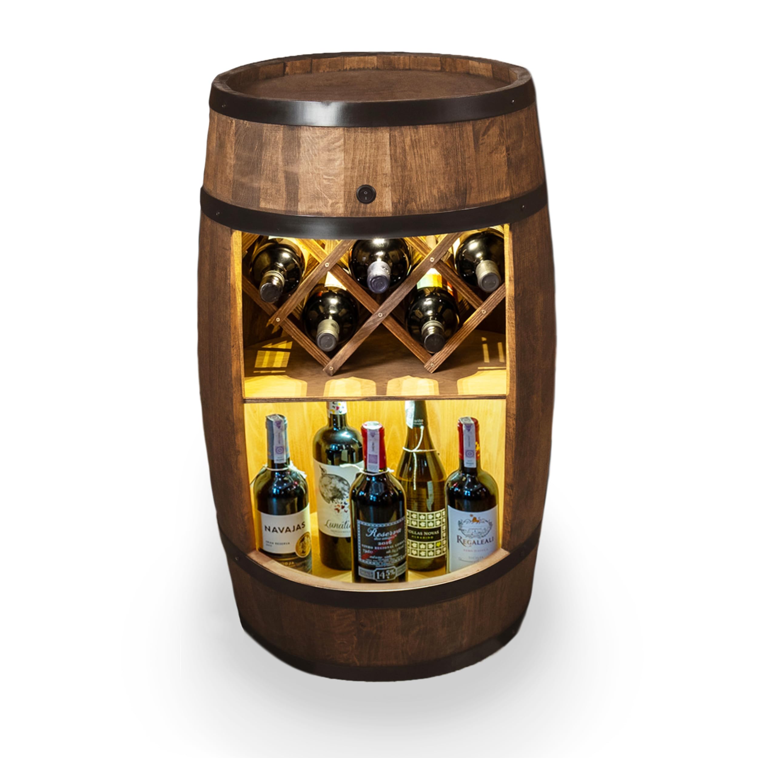 CREATIVE COOPER Baril avec Support à Vin - Casier LED - Tonneau en Bois - Bar de Maison - 80 x 50 cm - Décoration Rustique - Armoire (Marron Foncé)