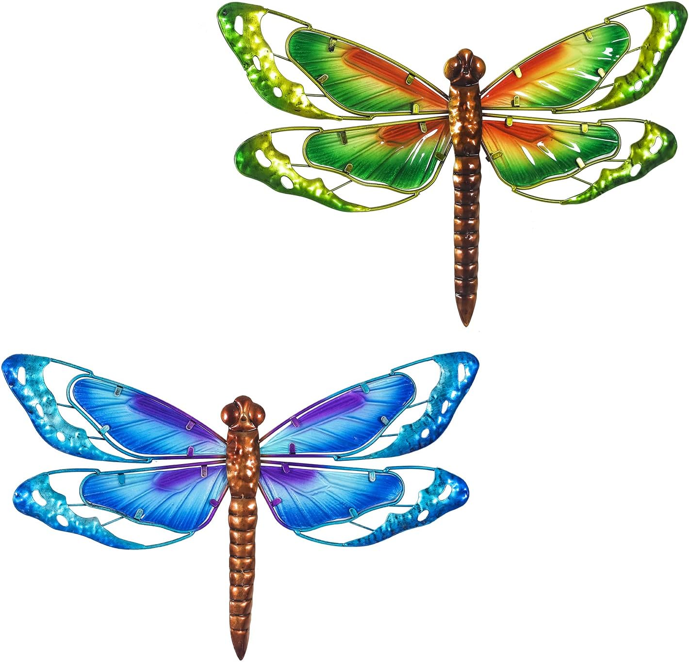 Adeco Metal Dragonfly Wall Decor Set of 2, Outdoor Yard Statues Plaques & Wall Art, Garden Fence Sculptures, Wall Hanging Decorations for Patio